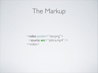 The Markup

<video poster=”star.png”>	

<source src=”zebra.mp4” />	

</video>	

!

 