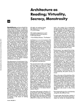Architecture as
Reading; Virtuality,
Secrecy, Monstrosity
Donald Kunze was born in North Car-
olina and educated at N. C. ...