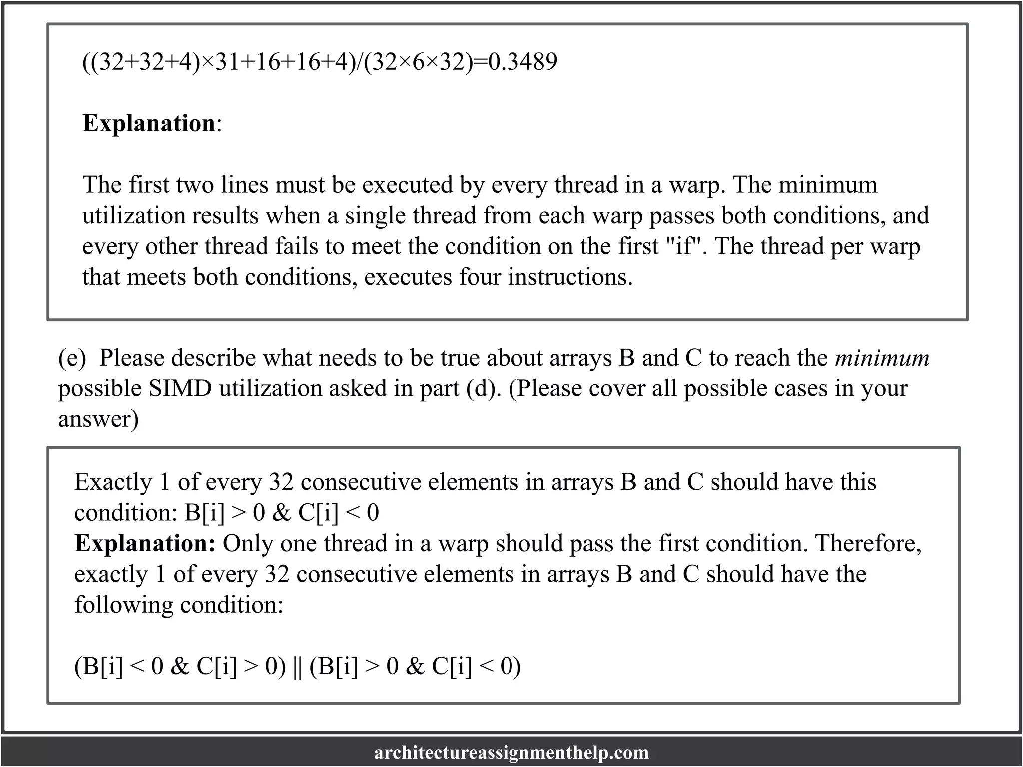 ((32+32+4)×31+16+16+4)/(32×6×32)=0.3489
Explanation:
The first two lines must be executed by every thread in a warp. The minimum
utilization results when a single thread from each warp passes both conditions, and
every other thread fails to meet the condition on the first "if". The thread per warp
that meets both conditions, executes four instructions.
(e) Please describe what needs to be true about arrays B and C to reach the minimum
possible SIMD utilization asked in part (d). (Please cover all possible cases in your
answer)
Exactly 1 of every 32 consecutive elements in arrays B and C should have this
condition: B[i] > 0 & C[i] < 0
Explanation: Only one thread in a warp should pass the first condition. Therefore,
exactly 1 of every 32 consecutive elements in arrays B and C should have the
following condition:
(B[i] < 0 & C[i] > 0) || (B[i] > 0 & C[i] < 0)
architectureassignmenthelp.com
 