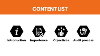 CONTENT LIST
Introduction Importance Objectives Audit process
 
