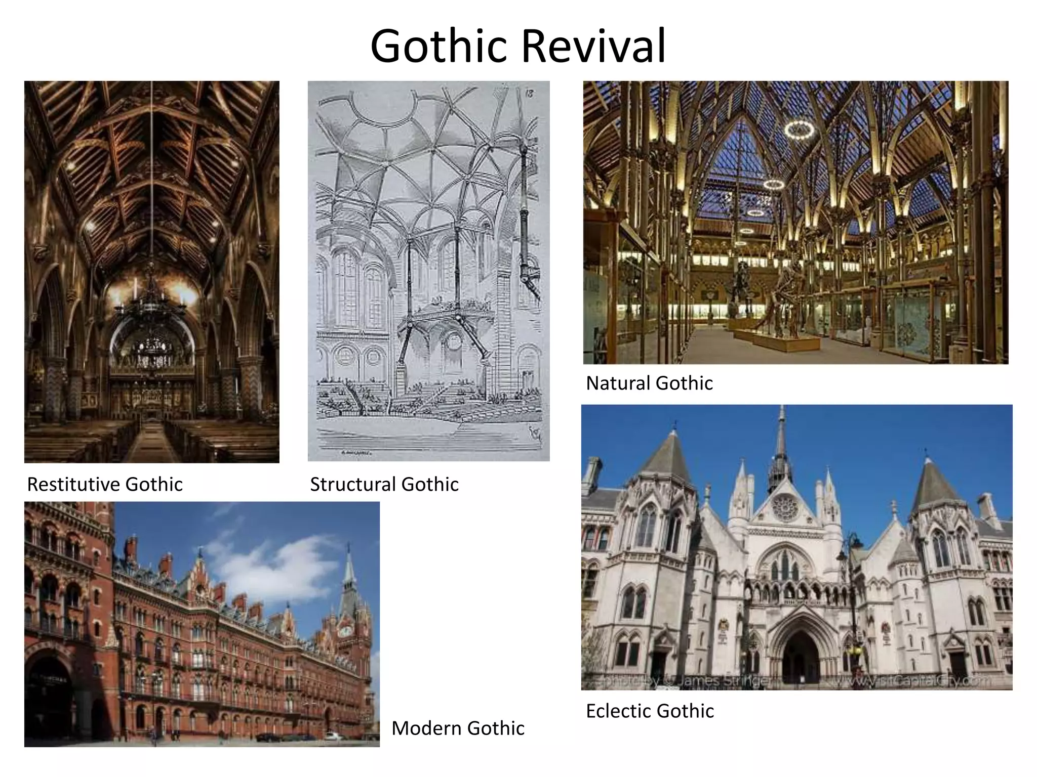 Eclectic Gothic
Gothic Revival
Restitutive Gothic Structural Gothic
Natural Gothic
Modern Gothic
 