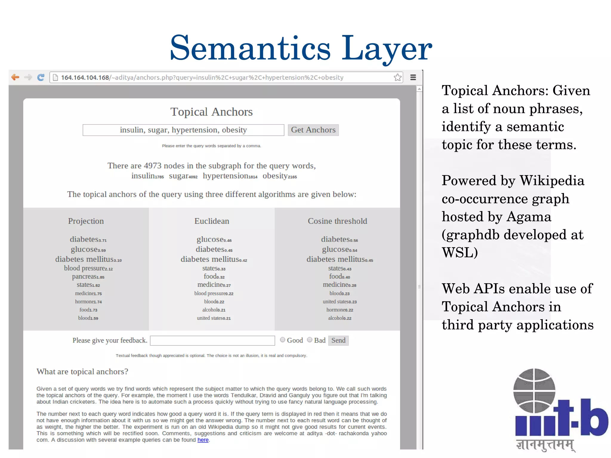 23
Semantics Layer
Topical Anchors: Given 
a list of noun phrases, 
identify a semantic 
topic for these terms.
Powered by Wikipedia 
co­occurrence graph 
hosted by Agama 
(graphdb developed at 
WSL)
Web APIs enable use of 
Topical Anchors in 
third party applications 
 