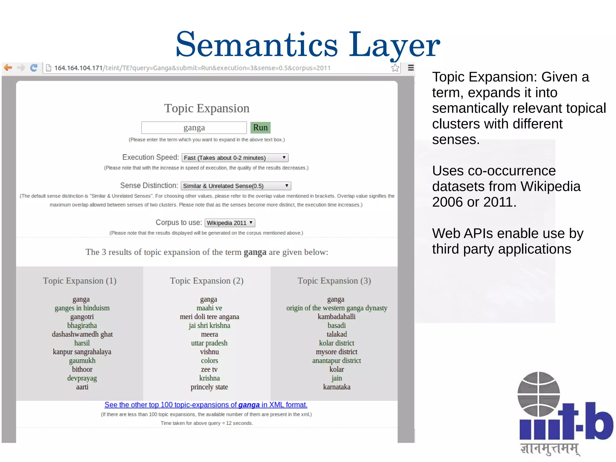 24
Semantics Layer
Topic Expansion: Given a
term, expands it into
semantically relevant topical
clusters with different
senses.
Uses co-occurrence
datasets from Wikipedia
2006 or 2011.
Web APIs enable use by
third party applications
 
