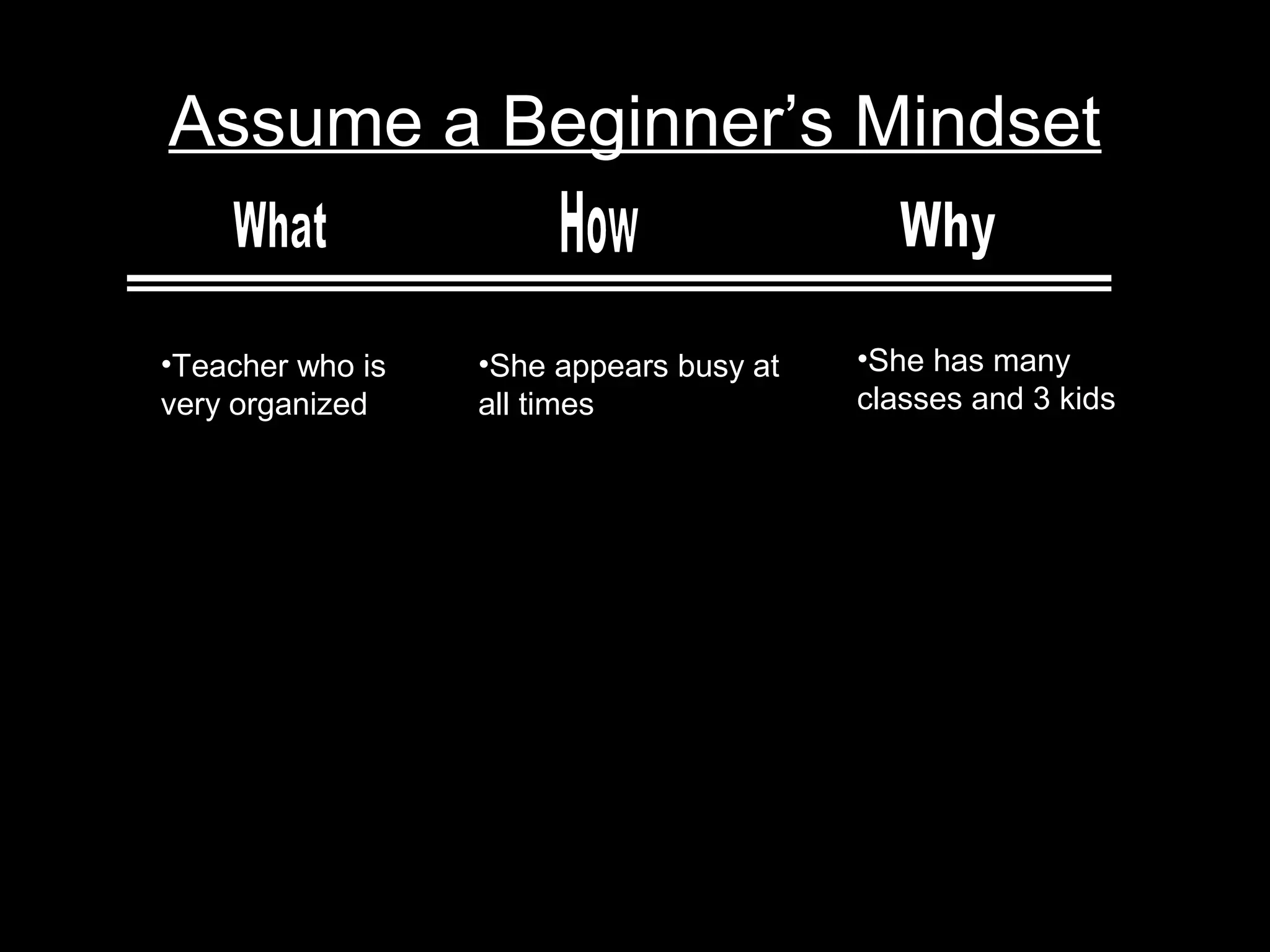Assume a Beginner’s Mindset
•Teacher who is
very organized
•She appears busy at
all times
•She has many
classes and 3 kids
 