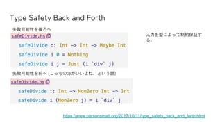 Type Safety Back and Forth
https://www.parsonsmatt.org/2017/10/11/type_safety_back_and_forth.html
失敗可能性を後ろへ
失敗可能性を前へ (こっちの方がいいよね、という話)
入力を型によって制約保証す
る。
 