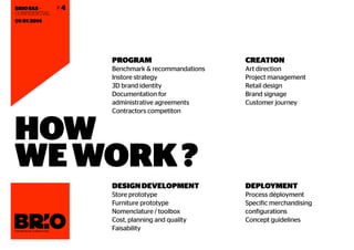 BRIO SAS —
CONFIDENTIAL
01/01/2014

#4

PROGRAM

CREATION

Benchmark & recommandations
Instore strategy
3D brand identity
Documentation for
administrative agreements
Contractors competiton

Art direction
Project management
Retail design
Brand signage
Customer journey

DESIGN DEVELOPMENT

DEPLOYMENT

Store prototype
Furniture prototype
Nomenclature / toolbox
Cost, planning and quality
Faisability

Process déployment
Speciﬁc merchandising
conﬁgurations
Concept guidelines

HOW
WE WORK ?

 