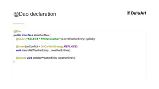 @Dao declaration
@Dao
public interface WeatherDao {
@Query("SELECT * FROM weather") List<WeatherEntry> getAll();
@Insert(onConflict = OnConflictStrategy.REPLACE)
void insertAll(WeatherEntry... weatherEntries);
@Delete void delete(WeatherEntry weatherEntry);
}
 