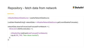 Repository - fetch data from network
mWeatherNetworkDataSource = weatherNetworkDataSource;
LiveData<WeatherEntry[]> networkData = mWeatherNetworkDataSource.getCurrentWeatherForecasts();
networkData.observeForever(newForecastsFromNetwork -> {
mExecutors.diskIO().execute(() -> {
mWeatherDao.bulkInsert(newForecastsFromNetwork);
Log.d(LOG_TAG, "New values inserted");
});
});
 