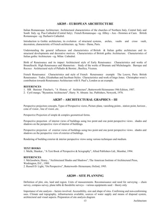 Architecture13
AR205 – EUROPEAN ARCHITECTURE
Italian Romanesque Architecture: Architectural characteristics of the churches of Northern Italy, Central Italy and
South Italy. eg. Pisa Cathedral (Central Italy). French Romanesque - eg. Abbey - Aux - Hommes at Caen. British
Romanesque - eg. Durham's Cathedral.
Introduction to Gothic architecture, its evolution of structural systems, arches, vaults and cross vault,
decoration, characteristic of French architecture. eg. Notre - Dame, Paris.
Understanding the general influences and characteristics of British & Italian gothic architecture and its
structural developments and decorative motives. Characteristics of British gothic Architecture. Characteristics of
Italian gothic Architecture - eg. Milan Cathedral.
Birth of Renaissance and its impact Architectural style of Early Renaissance: Characteristics and works of
Brunelleschi. High Renaissance and Mannerism : Study of the works of Bramate and Michelangelo. Baroque and
Rococo: Architectural style of Palladio & Bernini , Basilica, Vicenza.
French Renaissance: Characteristics and style of French Renaissance example The Louvre, Paris. British
Renaissance: Tudor, Elizabethan and Jacobean Styles: Characteristics and work of Inigo Jones. Christopher wren’s
contribution towards Renaissance Architecture with S. Paul’s, London as an example.
REFERENCES
1. SIR Banister Fletcher's, "A History of Architecture", Butterworth Heinmamm 19th Edition, 1987.
2. Cyril mango, "Byzantine Architecture", Harry N. Abrams Inc. Publishers, Newyork, 1976.
AR207 – ARCHITECTURAL GRAPHICS – III
Perspective projection concepts, Types of Perspective views, Picture plane, vanishing points , station point, horizon ,
cone of vision , line of vision ,etc.
Perspective Projection of simple & complex geometrical forms.
Perspective projection of interior views of buildings using two point and one point perspective views . shades and
shadows on the perspective view of interior of buildings.
Perspective projection of exterior views of buildings using two point and one point perspective views . shades and
shadows on the perspective view of exterior of buildings.
Rendering of building exterior & interior perspective views using various techniques and medium.
TEXT BOOKS
1. Mulik, Shankar., “A Text Book of Perspective & Sciography”, Allied Publishers Ltd., Mumbai, 1994.
REFERENCES
1. McGoodwin, Henry., “Architectural Shades and Shadows”, The American Institute of Architectural Press,
Washington, D.C., 1989.
2. Russell D. Light, “On Perspective”, Butterworth- Heinemann, Oxford, 1995.
AR209 – SITE PLANNING
Definition of plot, site, land and region. Units of measurements. Reconnaissance and need for surveying – chain
survey, compass survey, plane table & theodolite surveys – various equipments used – theory only
Importance of site analysis – factors involved. Accessibility, size and shape of sites. Confirming and non-conforming
uses. Climate and topography, infrastructures available, sources of water supply and means of disposal system,
architectural and visual aspects. Preparation of site analysis diagram
 