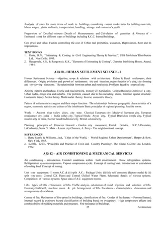 Architecture25
Analysis of rates for main items of work in buildings, considering current market rates for building materials,
labour wages, plants and tools, transportation, handling, storage and contractor's profit.
Preparation of Detailed estimate (Details of Measurements and Calculation of quantities & Abstract of -
Estimated cost) for different types of buildings including R.C.C. framed buildings.
Cost price and value. Factors controlling the cost of Urban real properties, Valuation, Depreciation, Rent and its
implications.
TEXT BOOKS
1. Dutta, B.N., "Estimating & Costing in Civil Engineering Theory & Practice]", UBS Publishers' Distributors
Ltd., New Delhi, 1995.
2. Rangawala, K.S., & Rangawala, K.K., "Elements of Estimating & Costing", Charotar Publishing House, Anand,
1984.
AR410 - HUMAN SETTLEMENT SCIENCE - I
Human Settlement Science - objective, scope & relations with architecture. Urban & Rural settlements, their
differences. Origin, evolution and growth of settlements: site and situation, major function of a city, city forming
and city serving functions. The relationship between urban and rural areas. Problems faced by a typical city.
Activity pattern and landuse, Traffic and road network, Density of population. Central Business District of a city.
Urban nodes, fringe area and suburbs. The problem caused due to this including slums. Internal spatial structure:
Concentric theory, Sector theory, Multi nuclei theory, Inverse concentric theory.
Pattern of settlements in a region and their major function. The relationship between geographic characteristics of a
region, economic activity and culture of the inhabitants Basic principles of regional planning. Satelite towns.
World - Ancient river valley cities, city state. Classical European city. Medieval European city. European
renaissance city. India - Indus valley city, Typical Hindu Aryan city, Typical Dravidian temple city, Typical
muslim city in India, Bazzar based traditional city. British colonial city.
Planning principles of: Ebenezer Howard - Garden city movement, Patrick Geddes, Dr.C.A.Doxiades,
LeCorbusier, Soria Y Mata - Linear city Clarence, A. Perry - The neighbourhood concept.
REFERENCES
1. Burn, Stanly & Williams, Jack, "Cities of the World, - World Regional Urban Development", Harper & Row,
New York, 1983.
2. Keeble, Lewis, "Principles and Practice of Town and Country Planning", The Estates Gazette Ltd. London,
1972.
AR412 – AIR CONDITIONING & MECHANICAL SERVICES
Air conditioning - introduction. Comfort conditions within built environment. Basic refrigeration systems.
Refrigeration system components. Vapour compression cycle. Concept of cooling load. Introduction to calculation
of cooling load. Concept of zoning.
Unit type equipment: (i) room A.C. & (ii) split A.C.: Package Units: (i) fully self contained (factory made) & (ii)
split type units: Central DX Plants and Central Chilled Water Plants. Schematic details of various systems.
Comparison of various systems. Space data of A.C. equipment rooms.
Lifts: types of lifts - Dimension of lifts. Traffic analysis, calculation of round trip time and selection of lifts.
Hoistway/shaft/well, machine room & pit. Arrangement of lifts. Escalators - characteristics, dimensions and
arrangements of escalators.
Causes of fire, Mechanism of fire spread in buildings, classification of fire. Grades of fire hazard – Personal hazard,
internal hazard & exposure hazard classification of building based on occupancy. High temperature effects and
combustibility of building materials and structure. Fire resistance of buildings.
 