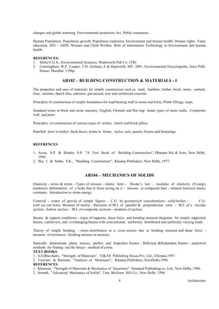 Architecture9
changes and global warming. Environmental protection Act. Public awareness.
Human Population: Population growth, Population explosion, Environment and human health. Human rights. Value
education. HIV / AIDS, Women and Child Welfare. Role of information Technology in Environment and human
health.
REFERENCES:
1. MillerT.G Jr., Environmental Sciences, Wadsworth Pub Co. (TB)
2. Cunningham, W.P. Cooper, T.H. Gorhani, E & Hepworth, MT. 2001, Environmental Encyclopedia, Jaico PubI.
House, Mumbai, 1196p.
AR102 – BUILDING CONSTRUCTION & MATERIALS - I
The properties and uses of materials for simple construction such as mud, bamboo, timber, brick, stone, cement,
lime, mortars, thatch tiles, asbestos, galvanised, iron and reinforced concrete.
Principles of construction of simple foundation for load bearing wall in stone and brick, Plinth fillings, steps.
Standard terms in brick and stone masonry. English, Flemish and Rat trap bond, types of stone walls, Composite
wall and piers.
Principles of construction of various types of arches, lintels and brick jallies.
Panelled door in timber, flush doors, Joints in frame, styles, rails, panels, fixture and fastenings.
REFERENCES
1. Arora, S.P. & Bindra, S.P. "A Text Book of Building Construction", Dhanpat Rai & Sons, New Delhi,
1994.
2. Jha, J. & Sinha, S.K., "Building Construction", Khanna Publishers, New Delhi, 1977.
AR104 – MECHANICS OF SOLIDS
Elasticity - stress & strain - Types of stresses - elastic limit - Hooke’s law - modulus of elasticity (Young's
modulus)- deformation of a body due to force acting on it - stresses in composite bars - relation between elastic
constants. Introduction to strain energy.
Centroid - center of gravity of simple figures - C.G. by geometrical considerations - solid bodies - C.G.
with cut out holes. Moment of inertia - theorems of M.I. of parallel & perpendicular axes - M.I. of a circular
section, hollow section - M.I. of composite sections - modulus of section.
Beams & support conditions - types of supports, shear force and bending moment diagrams for simply supported
beams, cantilevers, and overhanging beams with concentrated, uniformly distributed and uniformly varying loads.
Theory of simple bending - stress distribution at a cross section due to bending moment and shear force -
moment of resistance - bending stresses in sections.
Statically determinate plane trusses, perfect and Imperfect frames - Deficient &Redundant frames - analytical
methods for finding out the forces - method of joints.
TEXT BOOKS
1. S.S.Bhavikatti, "Strength of Materials", VIKAS Publishing House Pvt. Ltd., Chennai,1997.
2. Vazirani & Ratwani, "Analysis of Structures", Khanna Publishers, NewDelhi,1996.
REFERENCES
1. Khurumi, "Strength of Materials & Mechanics of Structures", Standard Publishing co. Ltd., New Delhi, 1996.
2. Srinath, "Advanced Mechanics of Solids", Tata McGraw Hill Co., New Delhi, 1996.
 