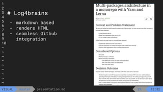 1
2
3
4
5
6
7
8
9
10
~
~
~
~
~
~
~
~
~
presentation.md
master
VISUAL
1
2
3
4
5
6
7
8
9
10
~
~
~
~
~
~
~
~
~
presentation.md
master
VISUAL Top 1:32
2% 12:32
- markdown based
- renders HTML
- seamless Github
integration
# Log4brains
 