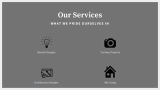 Our Services
WH AT WE P RID E O URS ELVES IN
Architecture Designs
Turnkey Projects
MG Living
Interior Designs
 
