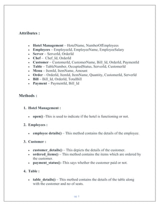 pg. 3
Attributes :
• Hotel Management – HotelName, NumberOfEmployees
• Employees – EmployeeId, EmployeeName, EmployeeSalary
• Server – ServerId, OrderId
• Chef – Chef_Id, OrderId
• Customer – CustomerId, CustomerName, Bill_Id, OrderId, PaymentId
• Table – TableNumber, OccupiedStatus, ServerId, CustomerId
• Menu – ItemId, ItemName, Amount
• Order – OrderId, ItemId, ItemName, Quantity, CustomerId, ServerId
• Bill – Bill_Id, OrderId, TotalBill
• Payment – PaymentId, Bill_Id
Methods :
1. Hotel Management :
• open() -This is used to indicate if the hotel is functioning or not.
2. Employees :
• employee details() – This method contains the details of the employee.
3. Customer :
• customer_details() – This depicts the details of the customer.
• ordered_items() – This method contains the items which are ordered by
the customer.
• payment_status() -This says whether the customer paid or not.
4. Table :
• table_details() – This method contains the details of the table along
with the customer and no of seats.
 