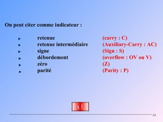 On peut citer comme indicateur :

             retenue                 (carry : C)
             retenue intermédiaire   (Auxiliary-Carry : AC)
             signe                   (Sign : S)
             débordement             (overflow : OV ou V)
             zéro                    (Z)
             parité                  (Parity : P)




                                                         14
 