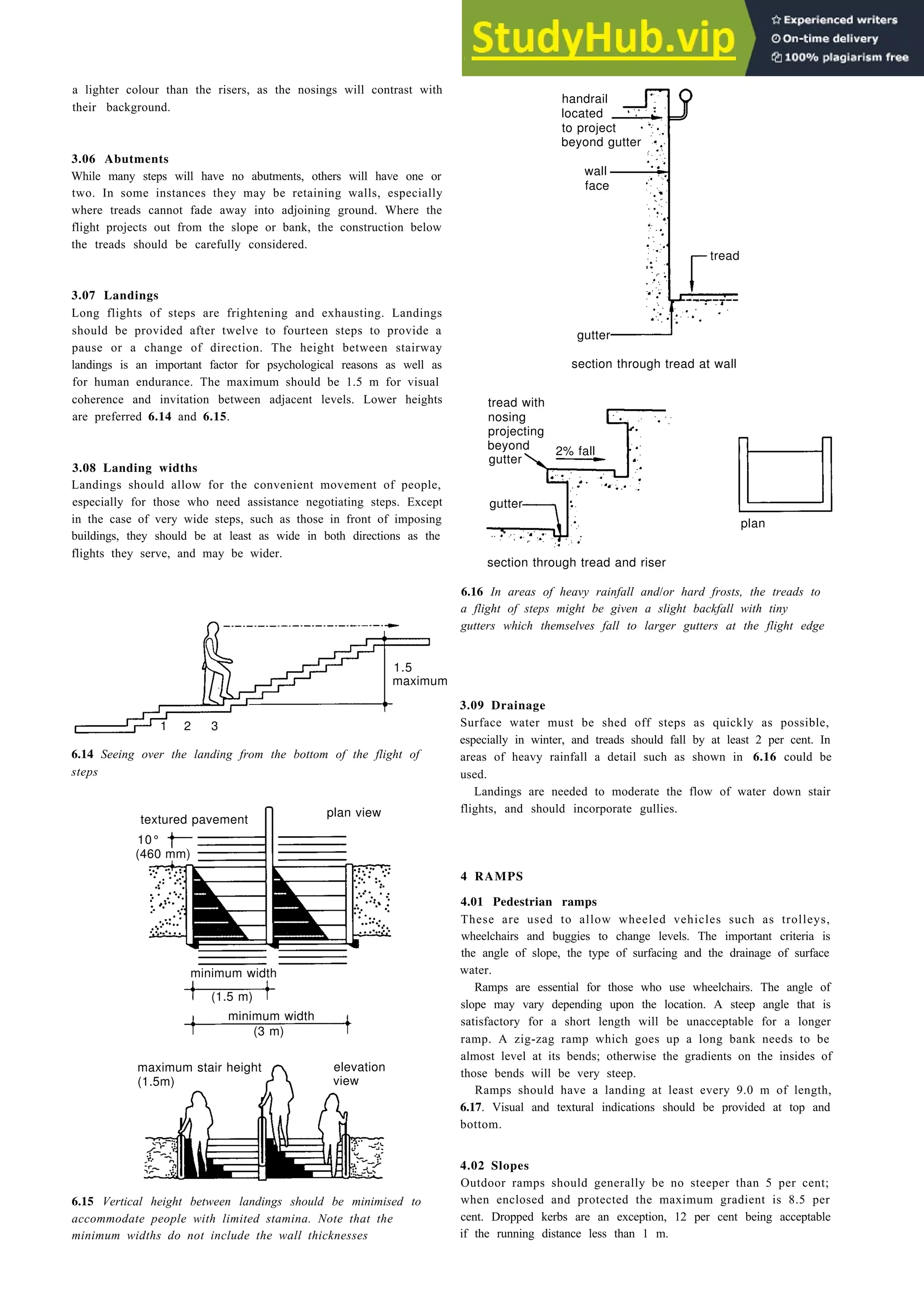 Landscape design 6-5
a lighter colour than the risers, as the nosings will contrast with
their background.
3.06 Abutments
While many steps will have no abutments, others will have one or
two. In some instances they may be retaining walls, especially
where treads cannot fade away into adjoining ground. Where the
flight projects out from the slope or bank, the construction below
the treads should be carefully considered.
3.07 Landings
Long flights of steps are frightening and exhausting. Landings
should be provided after twelve to fourteen steps to provide a
pause or a change of direction. The height between stairway
landings is an important factor for psychological reasons as well as
for human endurance. The maximum should be 1.5 m for visual
coherence and invitation between adjacent levels. Lower heights
are preferred 6.14 and 6.15.
3.08 Landing widths
Landings should allow for the convenient movement of people,
especially for those who need assistance negotiating steps. Except
in the case of very wide steps, such as those in front of imposing
buildings, they should be at least as wide in both directions as the
flights they serve, and may be wider.
6.14 Seeing over the landing from the bottom of the flight of
steps
minimum width
6.15 Vertical height between landings should be minimised to
accommodate people with limited stamina. Note that the
minimum widths do not include the wall thicknesses
handrail
located
to project
beyond gutter
wall
face
gutter
section through tread at wall
tread with
nosing
projecting
beyond
gutter
gutter
plan
section through tread and riser
6.16 In areas of heavy rainfall and/or hard frosts, the treads to
a flight of steps might be given a slight backfall with tiny
gutters which themselves fall to larger gutters at the flight edge
3.09 Drainage
Surface water must be shed off steps as quickly as possible,
especially in winter, and treads should fall by at least 2 per cent. In
areas of heavy rainfall a detail such as shown in 6.16 could be
used.
Landings are needed to moderate the flow of water down stair
flights, and should incorporate gullies.
4 RAMPS
4.01 Pedestrian ramps
These are used to allow wheeled vehicles such as trolleys,
wheelchairs and buggies to change levels. The important criteria is
the angle of slope, the type of surfacing and the drainage of surface
water.
Ramps are essential for those who use wheelchairs. The angle of
slope may vary depending upon the location. A steep angle that is
satisfactory for a short length will be unacceptable for a longer
ramp. A zig-zag ramp which goes up a long bank needs to be
almost level at its bends; otherwise the gradients on the insides of
those bends will be very steep.
Ramps should have a landing at least every 9.0 m of length,
6.17. Visual and textural indications should be provided at top and
bottom.
4.02 Slopes
Outdoor ramps should generally be no steeper than 5 per cent;
when enclosed and protected the maximum gradient is 8.5 per
cent. Dropped kerbs are an exception, 12 per cent being acceptable
if the running distance less than 1 m.
1.5
maximum
1 2 3
textured pavement
10°
(460 mm)
plan view
(1.5 m)
minimum width
(3 m)
maximum stair height
(1.5m)
elevation
view
tread
2% fall
 