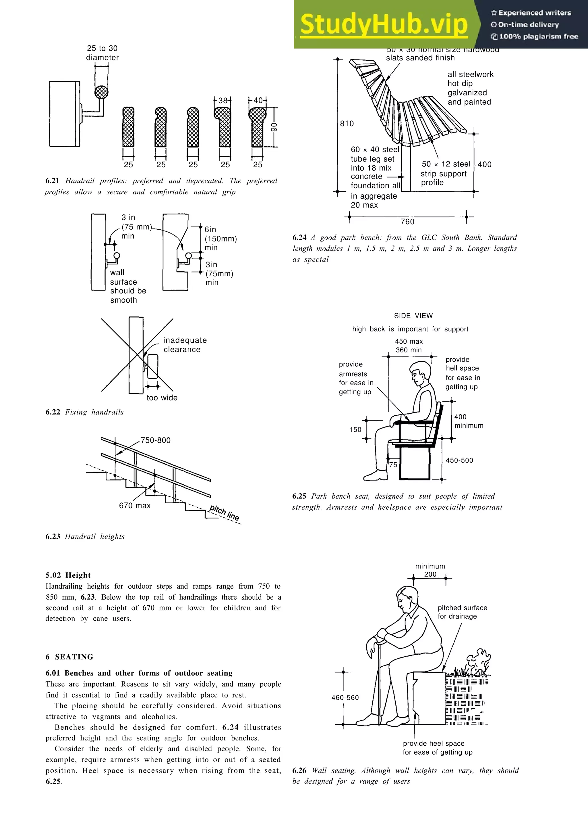 Landscape design 6-7
25 to 30
diameter
25
6.21 Handrail profiles: preferred and deprecated. The preferred
profiles allow a secure and comfortable natural grip
6in
(150mm)
min
3in
(75mm)
min
6.22 Fixing handrails
6.24 A good park bench: from the GLC South Bank. Standard
length modules 1 m, 1.5 m, 2 m, 2.5 m and 3 m. Longer lengths
as special
SIDE VIEW
high back is important for support
450 max
750
6.25 Park bench seat, designed to suit people of limited
strength. Armrests and heelspace are especially important
6.23 Handrail heights
5.02 Height
Handrailing heights for outdoor steps and ramps range from 750 to
850 mm, 6.23. Below the top rail of handrailings there should be a
second rail at a height of 670 mm or lower for children and for
detection by cane users.
6 SEATING
6.01 Benches and other forms of outdoor seating
These are important. Reasons to sit vary widely, and many people
find it essential to find a readily available place to rest.
The placing should be carefully considered. Avoid situations
attractive to vagrants and alcoholics.
Benches should be designed for comfort. 6.24 illustrates
preferred height and the seating angle for outdoor benches.
Consider the needs of elderly and disabled people. Some, for
provide heel space
example, require armrests when getting into or out of a seated
for ease of getting up
position. Heel space is necessary when rising from the seat, 6.26 Wall seating. Although wall heights can vary, they should
6.25. be designed for a range of users
25
25
25
25
38 40
90
3 in
(75 mm)
min
wall
surface
should be
smooth
inadequate
clearance
too wide
670 max
750-800
slats sanded finish
50 × 30 normal size hardwood
all steelwork
hot dip
galvanized
and painted
810
60 × 40 steel
tube leg set
into 18 mix
concrete
foundation all
in aggregate
20 max
50 × 12 steel
strip support
profile
400
760
provide
armrests
for ease in
getting up
provide
hell space
for ease in
getting up
400
minimum
150
75
450-500
360 min
minimum
200
pitched surface
for drainage
460-560
 