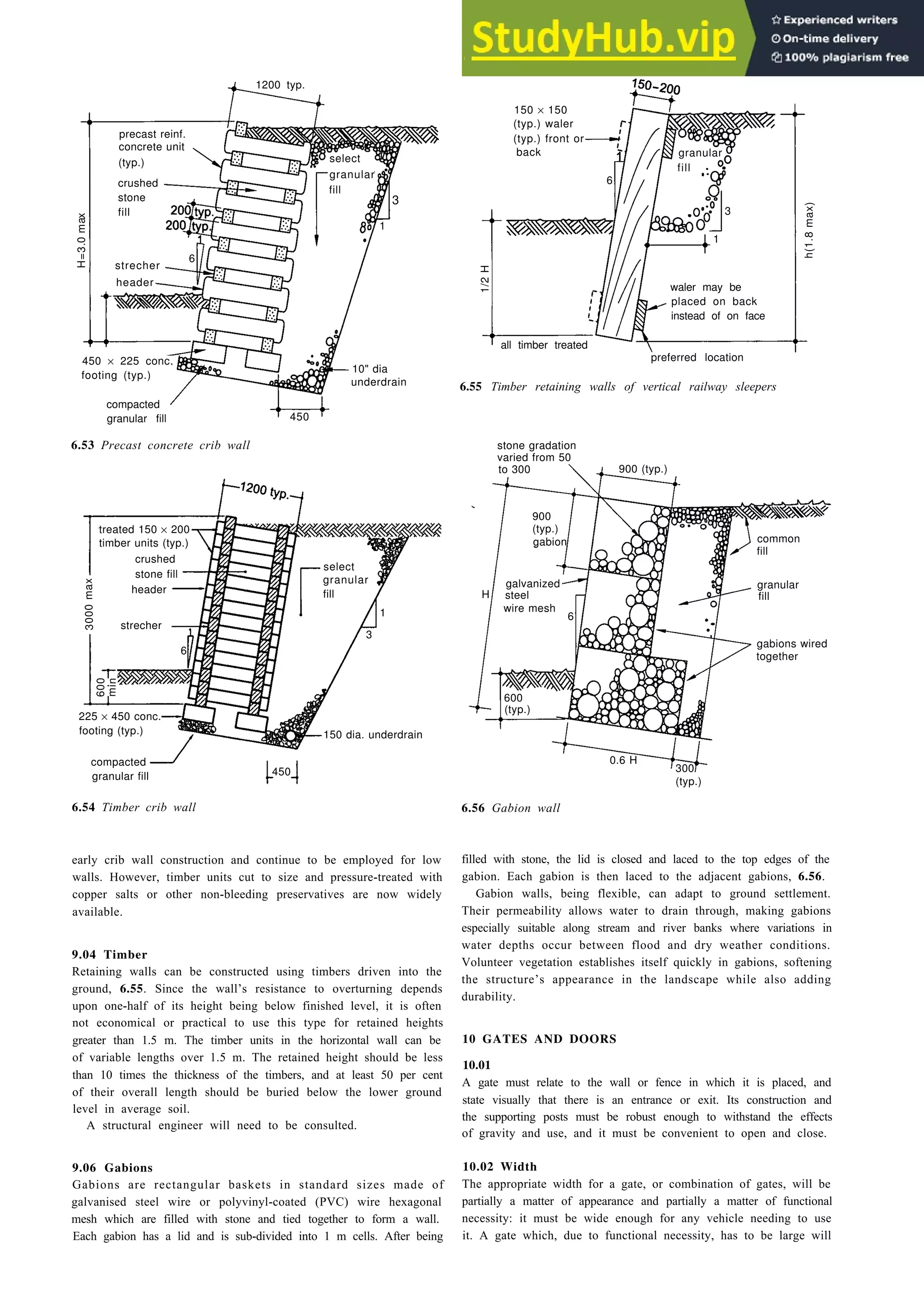 1
Landscape design 6-13
6.55 Timber retaining walls of vertical railway sleepers
6.53 Precast concrete crib wall
6.54 Timber crib wall 6.56 Gabion wall
filled with stone, the lid is closed and laced to the top edges of the
gabion. Each gabion is then laced to the adjacent gabions, 6.56.
Gabion walls, being flexible, can adapt to ground settlement.
Their permeability allows water to drain through, making gabions
especially suitable along stream and river banks where variations in
water depths occur between flood and dry weather conditions.
Volunteer vegetation establishes itself quickly in gabions, softening
the structure’s appearance in the landscape while also adding
durability.
early crib wall construction and continue to be employed for low
walls. However, timber units cut to size and pressure-treated with
copper salts or other non-bleeding preservatives are now widely
available.
9.04 Timber
Retaining walls can be constructed using timbers driven into the
ground, 6.55. Since the wall’s resistance to overturning depends
upon one-half of its height being below finished level, it is often
not economical or practical to use this type for retained heights
greater than 1.5 m. The timber units in the horizontal wall can be
of variable lengths over 1.5 m. The retained height should be less
than 10 times the thickness of the timbers, and at least 50 per cent
of their overall length should be buried below the lower ground
level in average soil.
A structural engineer will need to be consulted.
10 GATES AND DOORS
10.01
A gate must relate to the wall or fence in which it is placed, and
state visually that there is an entrance or exit. Its construction and
the supporting posts must be robust enough to withstand the effects
of gravity and use, and it must be convenient to open and close.
9.06 Gabions 10.02 Width
Gabions are rectangular baskets in standard sizes made of
galvanised steel wire or polyvinyl-coated (PVC) wire hexagonal
mesh which are filled with stone and tied together to form a wall.
Each gabion has a lid and is sub-divided into 1 m cells. After being
The appropriate width for a gate, or combination of gates, will be
partially a matter of appearance and partially a matter of functional
necessity: it must be wide enough for any vehicle needing to use
it. A gate which, due to functional necessity, has to be large will
1200 typ.
precast reinf.
concrete unit
(typ.)
crushed
stone
fill
strecher
header
450 × 225 conc.
footing (typ.)
compacted
granular fill 450
10" dia
underdrain
1
3
select
granular
fill
6
H=3.0
max
treated 150 × 200
timber units (typ.)
crushed
stone fill
header
strecher
225 × 450 conc.
footing (typ.)
compacted
granular fill 450
150 dia. underdrain
3
1
select
granular
fill
6
600
min
3000
max
150 × 150
(typ.) waler
(typ.) front or
back granular
fill
3
1
6
waler may be
placed on back
instead of on face
all timber treated
preferred location
h(1.8
max)
1/2
H
stone gradation
varied from 50
to 300 900 (typ.)
900
(typ.)
gabion
H
galvanized
steel
wire mesh
6
600
(typ.)
0.6 H
300
(typ.)
gabions wired
together
granular
fill
common
fill
 