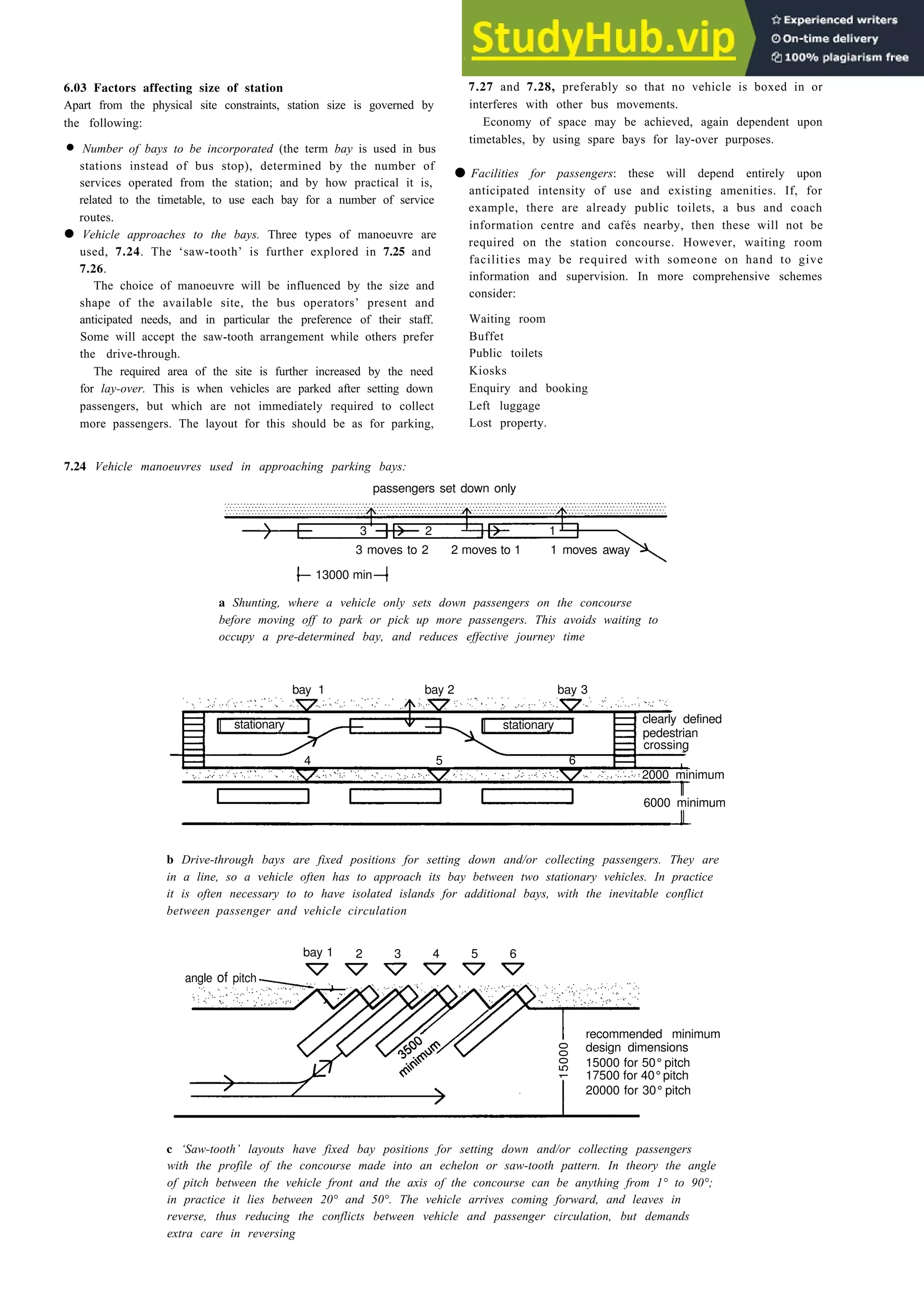 6.03 Factors affecting size of station
Apart from the physical site constraints, station size is governed by
the following:
• Number of bays to be incorporated (the term bay is used in bus
stations instead of bus stop), determined by the number of
services operated from the station; and by how practical it is,
related to the timetable, to use each bay for a number of service
routes.
• Vehicle approaches to the bays. Three types of manoeuvre are
used, 7.24. The ‘saw-tooth’ is further explored in 7.25 and
7.26.
The choice of manoeuvre will be influenced by the size and
shape of the available site, the bus operators’ present and
anticipated needs, and in particular the preference of their staff.
Some will accept the saw-tooth arrangement while others prefer
the drive-through.
The required area of the site is further increased by the need
for lay-over. This is when vehicles are parked after setting down
passengers, but which are not immediately required to collect
more passengers. The layout for this should be as for parking,
Terminals and transport interchanges 7-15
7.27 and 7.28, preferably so that no vehicle is boxed in or
interferes with other bus movements.
Economy of space may be achieved, again dependent upon
timetables, by using spare bays for lay-over purposes.
• Facilities for passengers: these will depend entirely upon
anticipated intensity of use and existing amenities. If, for
example, there are already public toilets, a bus and coach
information centre and cafés nearby, then these will not be
required on the station concourse. However, waiting room
facilities may be required with someone on hand to give
information and supervision. In more comprehensive schemes
consider:
Waiting room
Buffet
Public toilets
Kiosks
Enquiry and booking
Left luggage
Lost property.
7.24 Vehicle manoeuvres used in approaching parking bays:
passengers set down only
3 moves to 2 2 moves to 1 1 moves away
13000 min
a Shunting, where a vehicle only sets down passengers on the concourse
before moving off to park or pick up more passengers. This avoids waiting to
occupy a pre-determined bay, and reduces effective journey time
bay 1 bay 2 bay 3
b Drive-through bays are fixed positions for setting down and/or collecting passengers. They are
in a line, so a vehicle often has to approach its bay between two stationary vehicles. In practice
it is often necessary to to have isolated islands for additional bays, with the inevitable conflict
between passenger and vehicle circulation
bay 1 2 3 4 5 6
c ‘Saw-tooth’ layouts have fixed bay positions for setting down and/or collecting passengers
with the profile of the concourse made into an echelon or saw-tooth pattern. In theory the angle
of pitch between the vehicle front and the axis of the concourse can be anything from 1° to 90°;
in practice it lies between 20° and 50°. The vehicle arrives coming forward, and leaves in
reverse, thus reducing the conflicts between vehicle and passenger circulation, but demands
extra care in reversing
clearly defined
pedestrian
crossing
2000 minimum
6000 minimum
stationary stationary
4 5 6
3 2 1
recommended minimum
design dimensions
15000 for 50°pitch
17500 for 40°pitch
20000 for 30°pitch
15000
angle of pitch
 