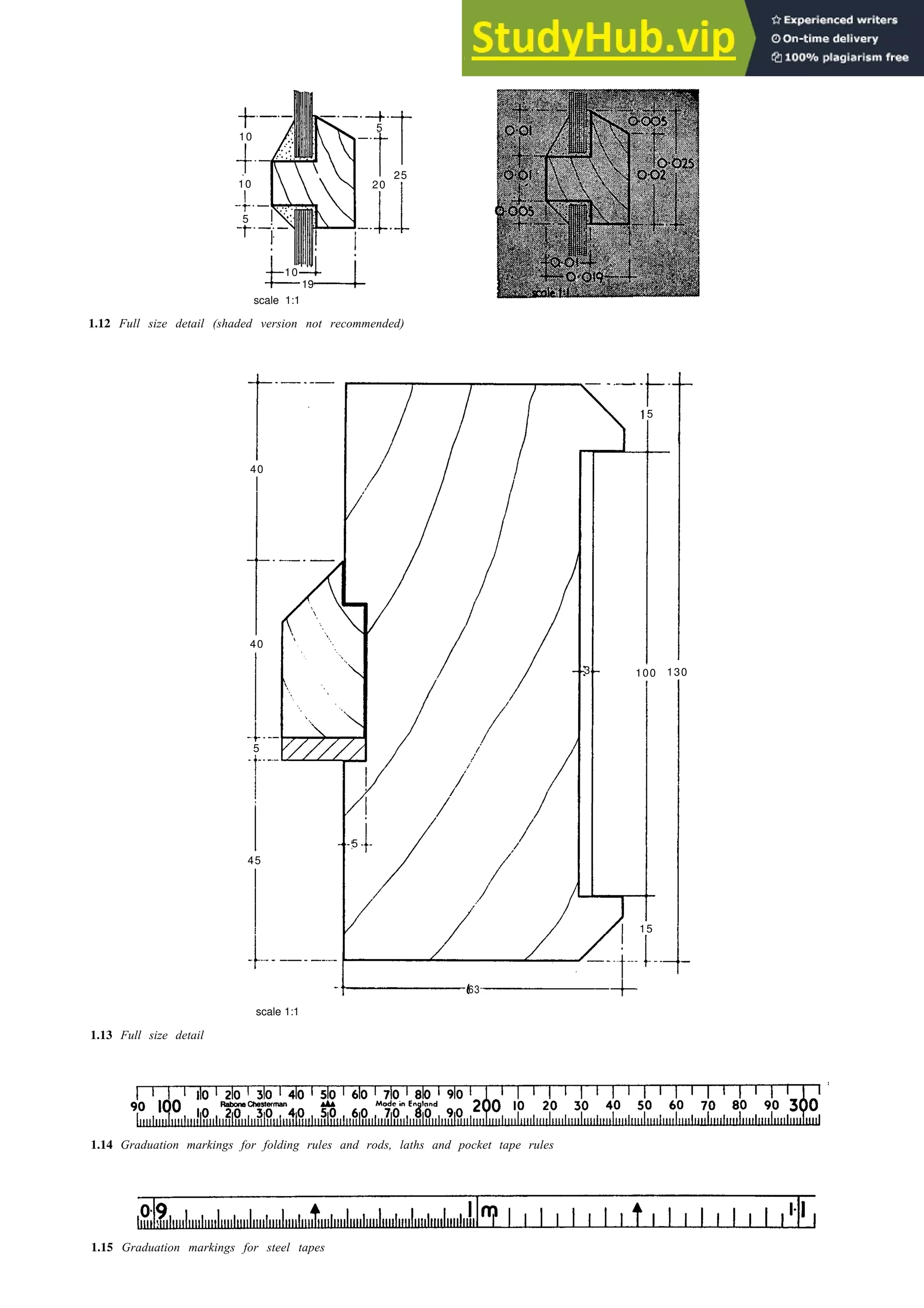 5
20
25
10
19
scale 1:1
1.12 Full size detail (shaded version not recommended)
40
5
45
Notation, drawing office practice and dimensional coordination 1-7
15
3 100 130
63
scale 1:1
1.13 Full size detail
1.14 Graduation markings for folding rules and rods, laths and pocket tape rules
1.15 Graduation markings for steel tapes
10
10
5
40
15
5
 