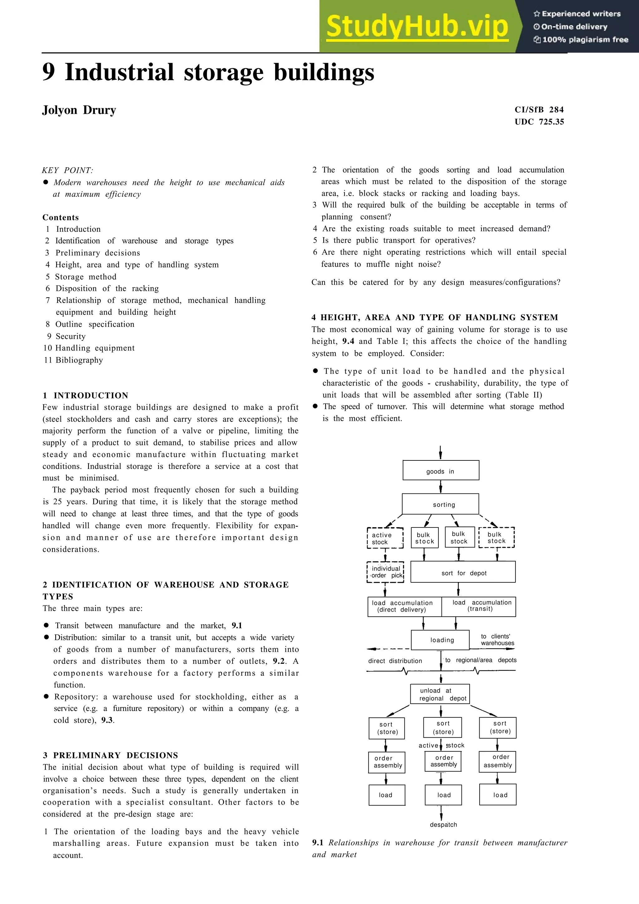 9 Industrial storage buildings
Jolyon Drury CI/SfB 284
UDC 725.35
KEY POINT:
• Modern warehouses need the height to use mechanical aids
at maximum efficiency
Contents
1 Introduction
2 Identification of warehouse and storage types
3 Preliminary decisions
4 Height, area and type of handling system
5 Storage method
6 Disposition of the racking
7 Relationship of storage method, mechanical handling
equipment and building height
8 Outline specification
9 Security
10 Handling equipment
11 Bibliography
1 INTRODUCTION
Few industrial storage buildings are designed to make a profit
(steel stockholders and cash and carry stores are exceptions); the
majority perform the function of a valve or pipeline, limiting the
supply of a product to suit demand, to stabilise prices and allow
steady and economic manufacture within fluctuating market
conditions. Industrial storage is therefore a service at a cost that
must be minimised.
sorting
goods in
The payback period most frequently chosen for such a building
is 25 years. During that time, it is likely that the storage method
will need to change at least three times, and that the type of goods
handled will change even more frequently. Flexibility for expan-
sion and manner of use are therefore important design
considerations.
bulk
stock
bulk
s t o c k
active
stock
bulk
stock
individual
order pick sort for depot
2 IDENTIFICATION OF WAREHOUSE AND STORAGE
TYPES
The three main types are:
load accumulation
(direct delivery)
load accumulation
(transit)
• Transit between manufacture and the market, 9.1
• Distribution: similar to a transit unit, but accepts a wide variety
of goods from a number of manufacturers, sorts them into
orders and distributes them to a number of outlets, 9.2. A
components warehouse for a factory performs a similar
function.
loading
to clients'
warehouses
direct distribution to regional/area depots
• Repository: a warehouse used for stockholding, either as a
service (e.g. a furniture repository) or within a company (e.g. a
cold store), 9.3.
unload at
regional depot
sort
(store)
sort
(store)
sort
(store)
active stock
3 PRELIMINARY DECISIONS
The initial decision about what type of building is required will
involve a choice between these three types, dependent on the client
organisation’s needs. Such a study is generally undertaken in
cooperation with a specialist consultant. Other factors to be
considered at the pre-design stage are:
order
assembly
order
assembly
order
assembly
load
load load
despatch
1 The orientation of the loading bays and the heavy vehicle
marshalling areas. Future expansion must be taken into
account.
2 The orientation of the goods sorting and load accumulation
areas which must be related to the disposition of the storage
area, i.e. block stacks or racking and loading bays.
3 Will the required bulk of the building be acceptable in terms of
planning consent?
4 Are the existing roads suitable to meet increased demand?
5 Is there public transport for operatives?
6 Are there night operating restrictions which will entail special
features to muffle night noise?
Can this be catered for by any design measures/configurations?
4 HEIGHT, AREA AND TYPE OF HANDLING SYSTEM
The most economical way of gaining volume for storage is to use
height, 9.4 and Table I; this affects the choice of the handling
system to be employed. Consider:
• The type of unit load to be handled and the physical
characteristic of the goods - crushability, durability, the type of
unit loads that will be assembled after sorting (Table II)
• The speed of turnover. This will determine what storage method
is the most efficient.
9.1 Relationships in warehouse for transit between manufacturer
and market
 