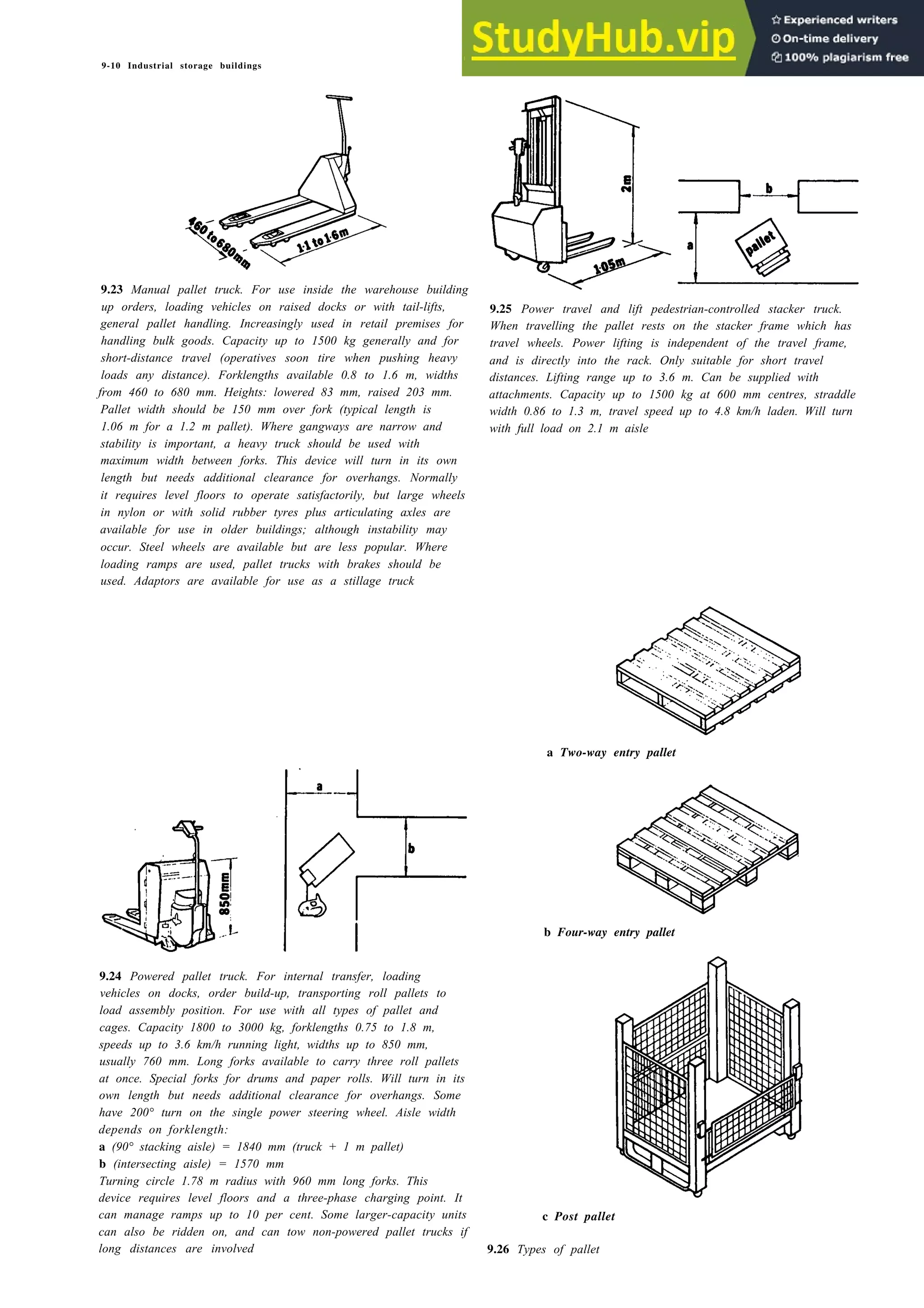 9-10 Industrial storage buildings
9.23 Manual pallet truck. For use inside the warehouse building
up orders, loading vehicles on raised docks or with tail-lifts,
general pallet handling. Increasingly used in retail premises for
handling bulk goods. Capacity up to 1500 kg generally and for
short-distance travel (operatives soon tire when pushing heavy
loads any distance). Forklengths available 0.8 to 1.6 m, widths
from 460 to 680 mm. Heights: lowered 83 mm, raised 203 mm.
Pallet width should be 150 mm over fork (typical length is
1.06 m for a 1.2 m pallet). Where gangways are narrow and
stability is important, a heavy truck should be used with
maximum width between forks. This device will turn in its own
length but needs additional clearance for overhangs. Normally
it requires level floors to operate satisfactorily, but large wheels
in nylon or with solid rubber tyres plus articulating axles are
available for use in older buildings; although instability may
occur. Steel wheels are available but are less popular. Where
loading ramps are used, pallet trucks with brakes should be
used. Adaptors are available for use as a stillage truck
9.24 Powered pallet truck. For internal transfer, loading
vehicles on docks, order build-up, transporting roll pallets to
load assembly position. For use with all types of pallet and
cages. Capacity 1800 to 3000 kg, forklengths 0.75 to 1.8 m,
speeds up to 3.6 km/h running light, widths up to 850 mm,
usually 760 mm. Long forks available to carry three roll pallets
at once. Special forks for drums and paper rolls. Will turn in its
own length but needs additional clearance for overhangs. Some
have 200° turn on the single power steering wheel. Aisle width
depends on forklength:
a (90° stacking aisle) = 1840 mm (truck + 1 m pallet)
b (intersecting aisle) = 1570 mm
Turning circle 1.78 m radius with 960 mm long forks. This
device requires level floors and a three-phase charging point. It
9.25 Power travel and lift pedestrian-controlled stacker truck.
When travelling the pallet rests on the stacker frame which has
travel wheels. Power lifting is independent of the travel frame,
and is directly into the rack. Only suitable for short travel
distances. Lifting range up to 3.6 m. Can be supplied with
attachments. Capacity up to 1500 kg at 600 mm centres, straddle
width 0.86 to 1.3 m, travel speed up to 4.8 km/h laden. Will turn
with full load on 2.1 m aisle
a Two-way entry pallet
b Four-way entry pallet
can manage ramps up to 10 per cent. Some larger-capacity units c Post pallet
can also be ridden on, and can tow non-powered pallet trucks if
long distances are involved 9.26 Types of pallet
 