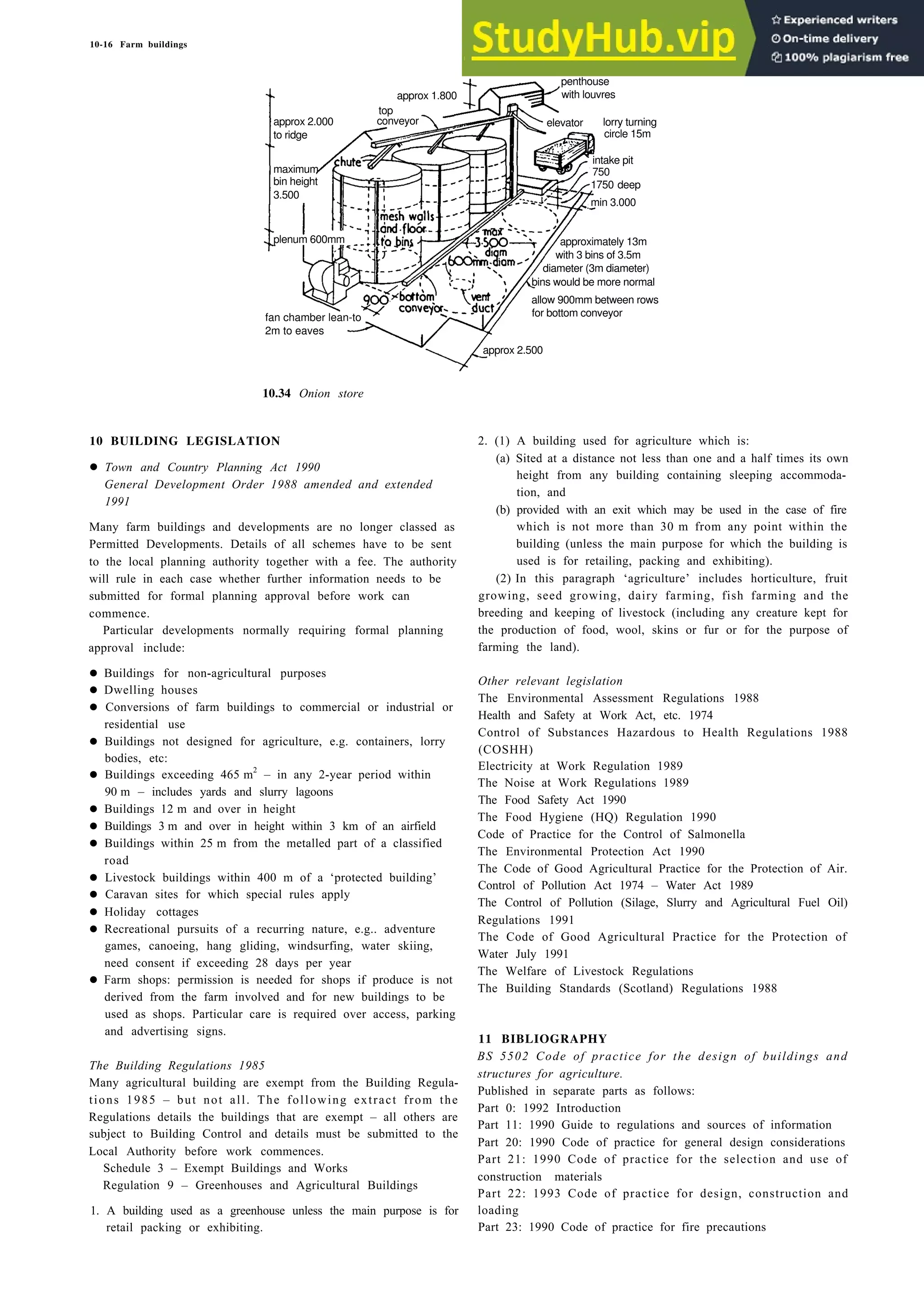 10-16 Farm buildings
10.34 Onion store
10 BUILDING LEGISLATION
• Town and Country Planning Act 1990
General Development Order 1988 amended and extended
1991
Many farm buildings and developments are no longer classed as
Permitted Developments. Details of all schemes have to be sent
to the local planning authority together with a fee. The authority
will rule in each case whether further information needs to be
submitted for formal planning approval before work can
commence.
Particular developments normally requiring formal planning
approval include:
• Buildings for non-agricultural purposes
• Dwelling houses
• Conversions of farm buildings to commercial or industrial or
residential use
• Buildings not designed for agriculture, e.g. containers, lorry
bodies, etc:
• Buildings exceeding 465 m2
– in any 2-year period within
90 m – includes yards and slurry lagoons
• Buildings 12 m and over in height
• Buildings 3 m and over in height within 3 km of an airfield
• Buildings within 25 m from the metalled part of a classified
road
• Livestock buildings within 400 m of a ‘protected building’
• Caravan sites for which special rules apply
• Holiday cottages
• Recreational pursuits of a recurring nature, e.g.. adventure
games, canoeing, hang gliding, windsurfing, water skiing,
need consent if exceeding 28 days per year
• Farm shops: permission is needed for shops if produce is not
derived from the farm involved and for new buildings to be
used as shops. Particular care is required over access, parking
and advertising signs.
The Building Regulations 1985
Many agricultural building are exempt from the Building Regula-
tions 1985 – but not all. The following extract from the
Regulations details the buildings that are exempt – all others are
subject to Building Control and details must be submitted to the
Local Authority before work commences.
Schedule 3 – Exempt Buildings and Works
Regulation 9 – Greenhouses and Agricultural Buildings
1. A building used as a greenhouse unless the main purpose is for
retail packing or exhibiting.
2. (1) A building used for agriculture which is:
(a) Sited at a distance not less than one and a half times its own
height from any building containing sleeping accommoda-
tion, and
(b) provided with an exit which may be used in the case of fire
which is not more than 30 m from any point within the
building (unless the main purpose for which the building is
used is for retailing, packing and exhibiting).
(2) In this paragraph ‘agriculture’ includes horticulture, fruit
growing, seed growing, dairy farming, fish farming and the
breeding and keeping of livestock (including any creature kept for
the production of food, wool, skins or fur or for the purpose of
farming the land).
Other relevant legislation
The Environmental Assessment Regulations 1988
Health and Safety at Work Act, etc. 1974
Control of Substances Hazardous to Health Regulations 1988
(COSHH)
Electricity at Work Regulation 1989
The Noise at Work Regulations 1989
The Food Safety Act 1990
The Food Hygiene (HQ) Regulation 1990
Code of Practice for the Control of Salmonella
The Environmental Protection Act 1990
The Code of Good Agricultural Practice for the Protection of Air.
Control of Pollution Act 1974 – Water Act 1989
The Control of Pollution (Silage, Slurry and Agricultural Fuel Oil)
Regulations 1991
The Code of Good Agricultural Practice for the Protection of
Water July 1991
The Welfare of Livestock Regulations
The Building Standards (Scotland) Regulations 1988
11 BIBLIOGRAPHY
BS 5502 Code of practice for the design of buildings and
structures for agriculture.
Published in separate parts as follows:
Part 0: 1992 Introduction
Part 11: 1990 Guide to regulations and sources of information
Part 20: 1990 Code of practice for general design considerations
Part 21: 1990 Code of practice for the selection and use of
construction materials
Part 22: 1993 Code of practice for design, construction and
loading
Part 23: 1990 Code of practice for fire precautions
approx 1.800
top
conveyor
approx 2.000
to ridge
maximum
bin height
3.500
plenum 600mm
fan chamber lean-to
2m to eaves
penthouse
with louvres
elevator lorry turning
circle 15m
intake pit
750
1750 deep
min 3.000
approx 2.500
for bottom conveyor
allow 900mm between rows
bins would be more normal
diameter (3m diameter)
with 3 bins of 3.5m
approximately 13m
 