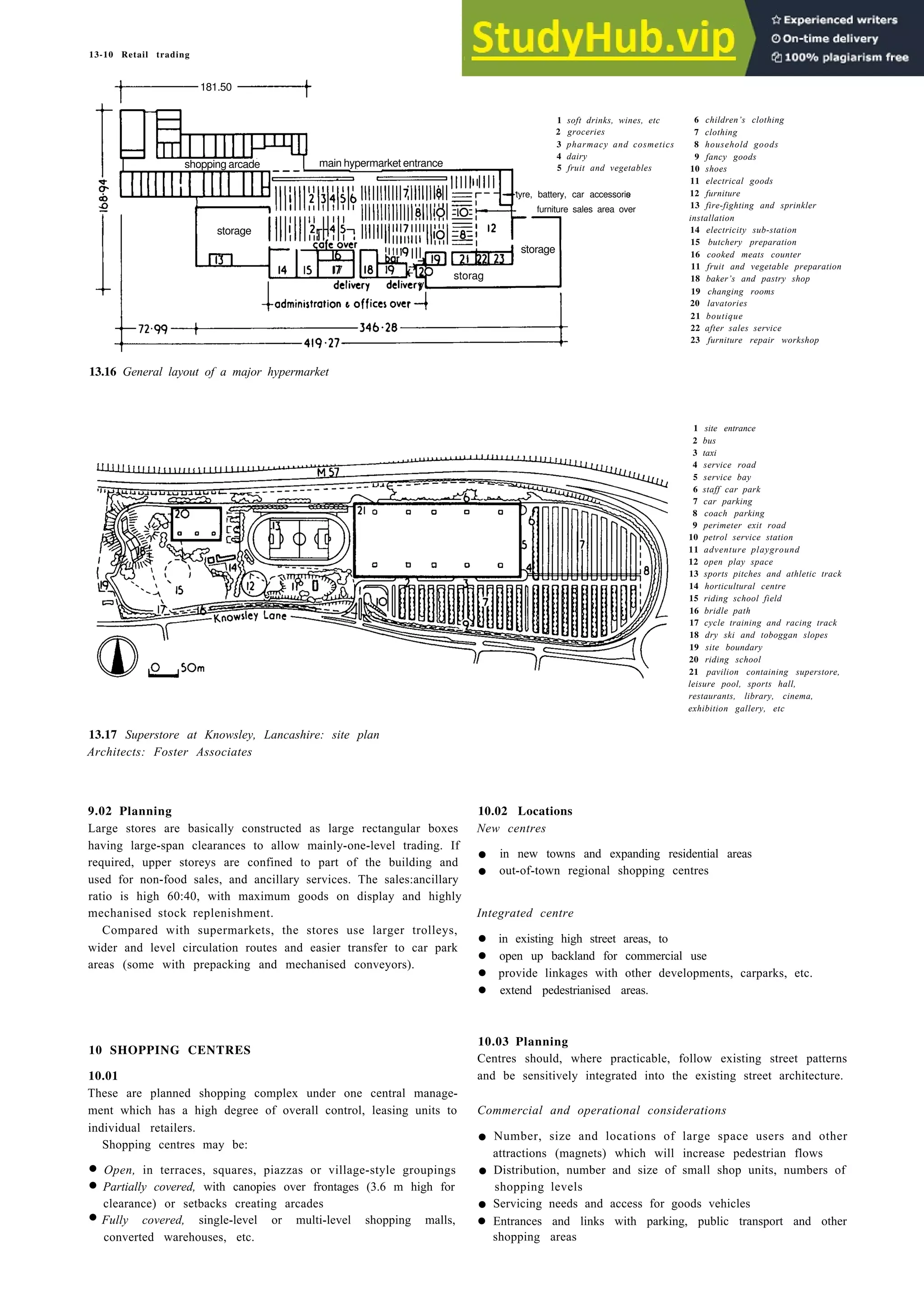 13-10 Retail trading
17
y
r
1 soft drinks, wines, etc
2 groceries
3 pharmacy and cosmetics
4 dairy
5 fruit and vegetables
tyre, battery, car accessorie
s
furniture sales area over
storage
13.16 General layout of a major hypermarket
6 children’s clothing
7 clothing
8 household goods
9 fancy goods
10 shoes
11 electrical goods
12 furniture
13 fire-fighting and sprinkler
installation
14 electricity sub-station
15 butchery preparation
16 cooked meats counter
11 fruit and vegetable preparation
18 baker’s and pastry shop
19 changing rooms
20 lavatories
21 boutique
22 after sales service
23 furniture repair workshop
1 site entrance
2 bus
3 taxi
4 service road
5 service bay
6 staff car park
7 car parking
8 coach parking
9 perimeter exit road
10 petrol service station
11 adventure playground
12 open play space
13 sports pitches and athletic track
14 horticultural centre
15 riding school field
16 bridle path
17 cycle training and racing track
18 dry ski and toboggan slopes
19 site boundary
20 riding school
21 pavilion containing superstore,
leisure pool, sports hall,
restaurants, library, cinema,
exhibition gallery, etc
13.17 Superstore at Knowsley, Lancashire: site plan
Architects: Foster Associates
9.02 Planning 10.02 Locations
Large stores are basically constructed as large rectangular boxes New centres
having large-span clearances to allow mainly-one-level trading. If
required, upper storeys are confined to part of the building and • in new towns and expanding residential areas
used for non-food sales, and ancillary services. The sales:ancillary • out-of-town regional shopping centres
ratio is high 60:40, with maximum goods on display and highly
mechanised stock replenishment. Integrated centre
Compared with supermarkets, the stores use larger trolleys,
wider and level circulation routes and easier transfer to car park • in existing high street areas, to
areas (some with prepacking and mechanised conveyors). • open up backland for commercial use
• provide linkages with other developments, carparks, etc.
• extend pedestrianised areas.
10 SHOPPING CENTRES
10.03 Planning
Centres should, where practicable, follow existing street patterns
10.01 and be sensitively integrated into the existing street architecture.
These are planned shopping complex under one central manage-
ment which has a high degree of overall control, leasing units to Commercial and operational considerations
individual retailers.
Shopping centres may be: • Number, size and locations of large space users and other
attractions (magnets) which will increase pedestrian flows
• Open, in terraces, squares, piazzas or village-style groupings
• Distribution, number and size of small shop units, numbers of
• Partially covered, with canopies over frontages (3.6 m high for shopping levels
clearance) or setbacks creating arcades
• Servicing needs and access for goods vehicles
• Fully covered, single-level or multi-level shopping malls,
• Entrances and links with parking, public transport and other
converted warehouses, etc. shopping areas
181.50
shopping arcade main hypermarket entrance
storage
storag
 