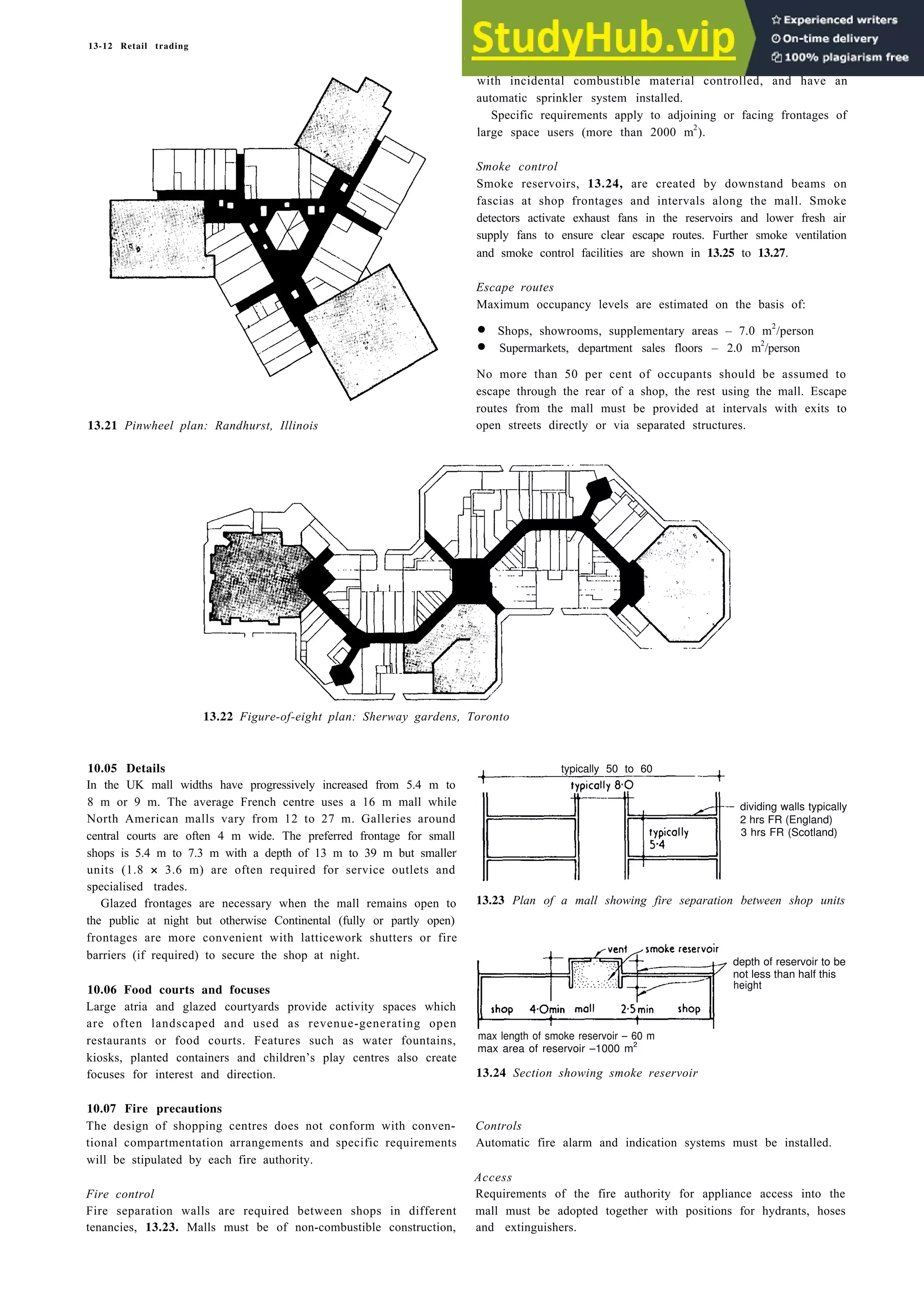 13-12 Retail trading
13.21 Pinwheel plan: Randhurst, Illinois
with incidental combustible material controlled, and have an
automatic sprinkler system installed.
Specific requirements apply to adjoining or facing frontages of
large space users (more than 2000 m2
).
Smoke control
Smoke reservoirs, 13.24, are created by downstand beams on
fascias at shop frontages and intervals along the mall. Smoke
detectors activate exhaust fans in the reservoirs and lower fresh air
supply fans to ensure clear escape routes. Further smoke ventilation
and smoke control facilities are shown in 13.25 to 13.27.
Escape routes
Maximum occupancy levels are estimated on the basis of:
• Shops, showrooms, supplementary areas – 7.0 m2
/person
• Supermarkets, department sales floors – 2.0 m2
/person
No more than 50 per cent of occupants should be assumed to
escape through the rear of a shop, the rest using the mall. Escape
routes from the mall must be provided at intervals with exits to
open streets directly or via separated structures.
13.22 Figure-of-eight plan: Sherway gardens, Toronto
10.05 Details
In the UK mall widths have progressively increased from 5.4 m to
8 m or 9 m. The average French centre uses a 16 m mall while
North American malls vary from 12 to 27 m. Galleries around
central courts are often 4 m wide. The preferred frontage for small
shops is 5.4 m to 7.3 m with a depth of 13 m to 39 m but smaller
units (1.8 × 3.6 m) are often required for service outlets and
specialised trades.
Glazed frontages are necessary when the mall remains open to
the public at night but otherwise Continental (fully or partly open)
frontages are more convenient with latticework shutters or fire
barriers (if required) to secure the shop at night.
10.06 Food courts and focuses
Large atria and glazed courtyards provide activity spaces which
are often landscaped and used as revenue-generating open
restaurants or food courts. Features such as water fountains,
kiosks, planted containers and children’s play centres also create
focuses for interest and direction.
10.07 Fire precautions
The design of shopping centres does not conform with conven-
tional compartmentation arrangements and specific requirements
will be stipulated by each fire authority.
Fire control
Fire separation walls are required between shops in different
tenancies, 13.23. Malls must be of non-combustible construction,
typically 50 to 60
dividing walls typically
2 hrs FR (England)
3 hrs FR (Scotland)
13.23 Plan of a mall showing fire separation between shop units
depth of reservoir to be
not less than half this
height
max length of smoke reservoir – 60 m
max area of reservoir –1000 m2
13.24 Section showing smoke reservoir
Controls
Automatic fire alarm and indication systems must be installed.
Access
Requirements of the fire authority for appliance access into the
mall must be adopted together with positions for hydrants, hoses
and extinguishers.
 
