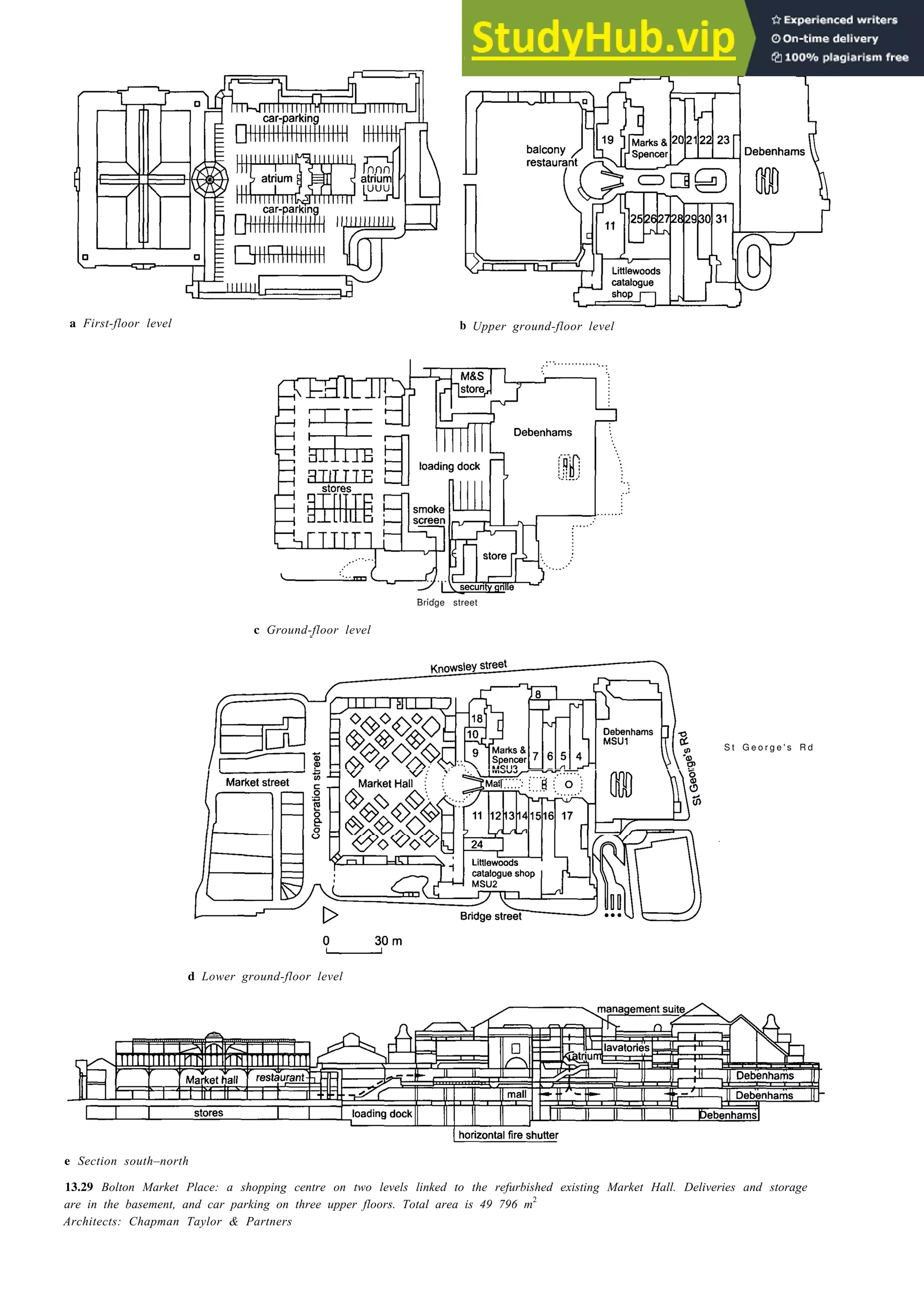 Retail trading 13-15
a First-floor level b Upper ground-floor level
Bridge street
c Ground-floor level
S t G e o r g e ' s R d
d Lower ground-floor level
e Section south–north
13.29 Bolton Market Place: a shopping centre on two levels linked to the refurbished existing Market Hall. Deliveries and storage
are in the basement, and car parking on three upper floors. Total area is 49 796 m2
Architects: Chapman Taylor & Partners
 