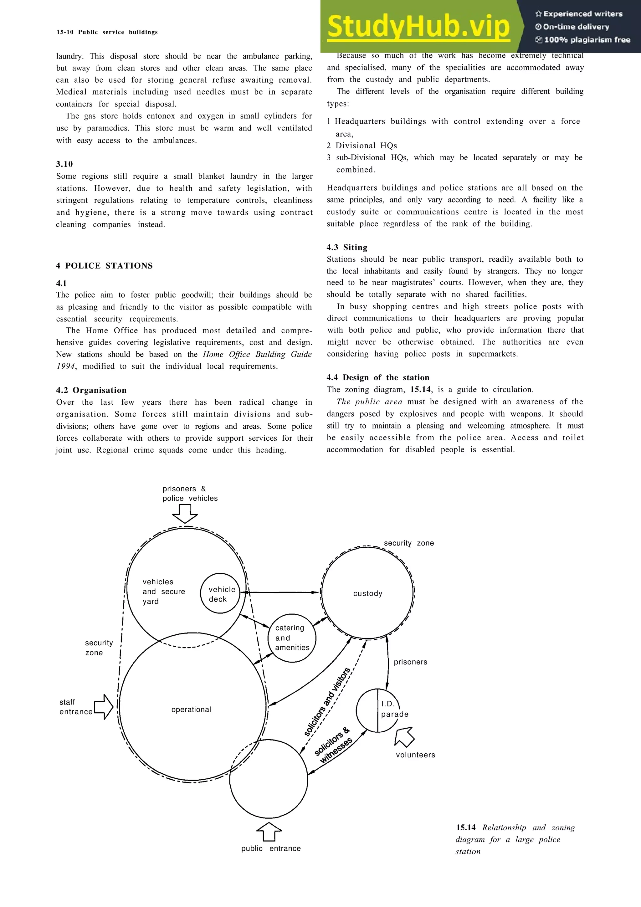 15-10 Public service buildings
laundry. This disposal store should be near the ambulance parking, Because so much of the work has become extremely technical
but away from clean stores and other clean areas. The same place and specialised, many of the specialities are accommodated away
can also be used for storing general refuse awaiting removal. from the custody and public departments.
Medical materials including used needles must be in separate The different levels of the organisation require different building
containers for special disposal. types:
The gas store holds entonox and oxygen in small cylinders for
use by paramedics. This store must be warm and well ventilated
with easy access to the ambulances.
1 Headquarters buildings with control extending over a force
area,
2 Divisional HQs
3.10
Some regions still require a small blanket laundry in the larger
stations. However, due to health and safety legislation, with
stringent regulations relating to temperature controls, cleanliness
and hygiene, there is a strong move towards using contract
cleaning companies instead.
4 POLICE STATIONS
4.1
The police aim to foster public goodwill; their buildings should be
as pleasing and friendly to the visitor as possible compatible with
essential security requirements.
The Home Office has produced most detailed and compre-
hensive guides covering legislative requirements, cost and design.
New stations should be based on the Home Office Building Guide
1994, modified to suit the individual local requirements.
4.2 Organisation
Over the last few years there has been radical change in
organisation. Some forces still maintain divisions and sub-
divisions; others have gone over to regions and areas. Some police
forces collaborate with others to provide support services for their
joint use. Regional crime squads come under this heading.
security
zone
staff
entrance
prisoners &
police vehicles
vehicles
and secure vehicle
yard deck
catering
and
amenities
operational
3 sub-Divisional HQs, which may be located separately or may be
combined.
Headquarters buildings and police stations are all based on the
same principles, and only vary according to need. A facility like a
custody suite or communications centre is located in the most
suitable place regardless of the rank of the building.
4.3 Siting
Stations should be near public transport, readily available both to
the local inhabitants and easily found by strangers. They no longer
need to be near magistrates’ courts. However, when they are, they
should be totally separate with no shared facilities.
In busy shopping centres and high streets police posts with
direct communications to their headquarters are proving popular
with both police and public, who provide information there that
might never be otherwise obtained. The authorities are even
considering having police posts in supermarkets.
4.4 Design of the station
The zoning diagram, 15.14, is a guide to circulation.
The public area must be designed with an awareness of the
dangers posed by explosives and people with weapons. It should
still try to maintain a pleasing and welcoming atmosphere. It must
be easily accessible from the police area. Access and toilet
accommodation for disabled people is essential.
security zone
custody
prisoners
I.D.
parade
volunteers
public entrance
15.14 Relationship and zoning
diagram for a large police
station
 