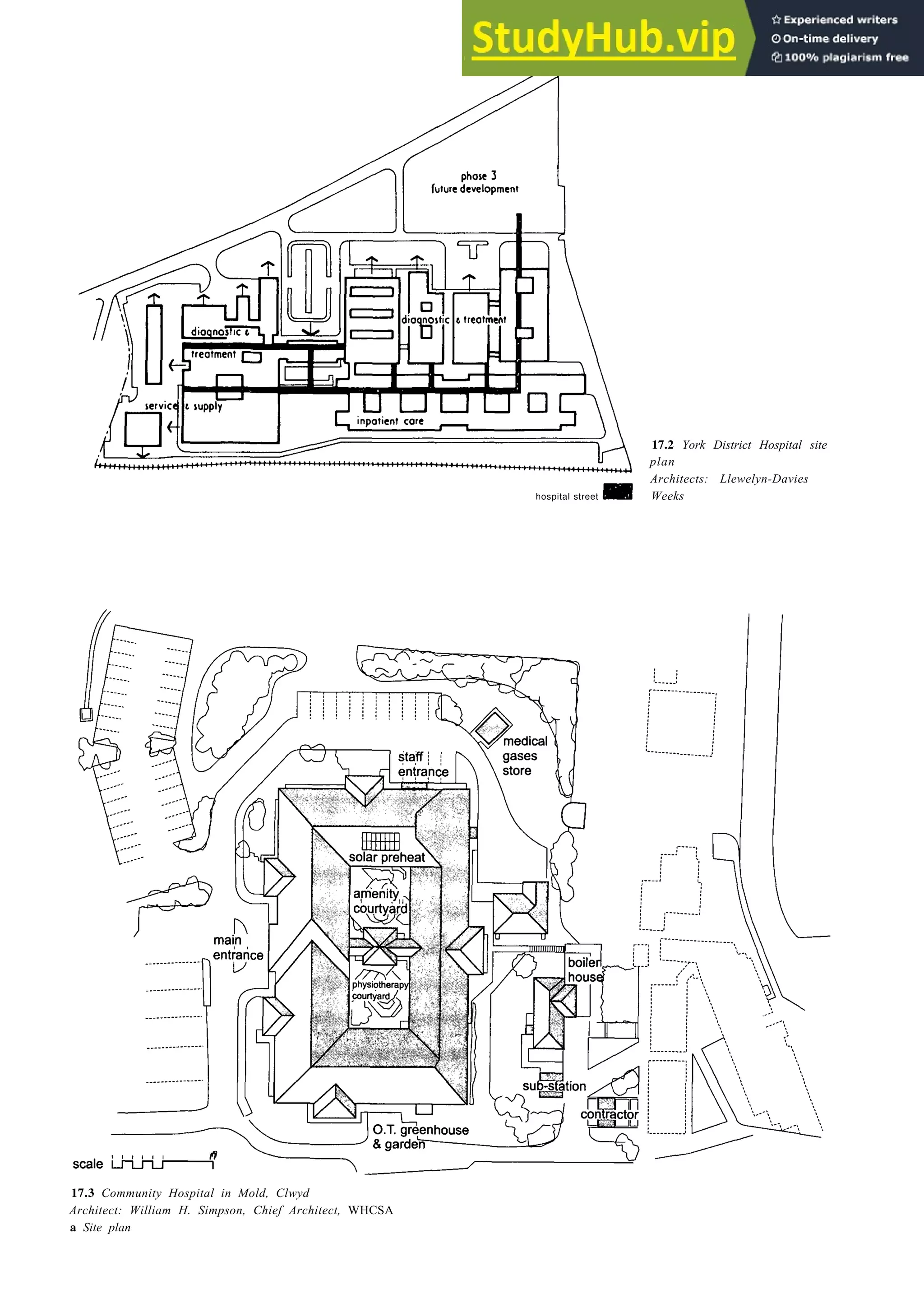 Hospitals 17-3
hospital street
17.2 York District Hospital site
plan
Architects: Llewelyn-Davies
Weeks
n
17.3 Community Hospital in Mold, Clwyd
Architect: William H. Simpson, Chief Architect, WHCSA
a Site plan
 
