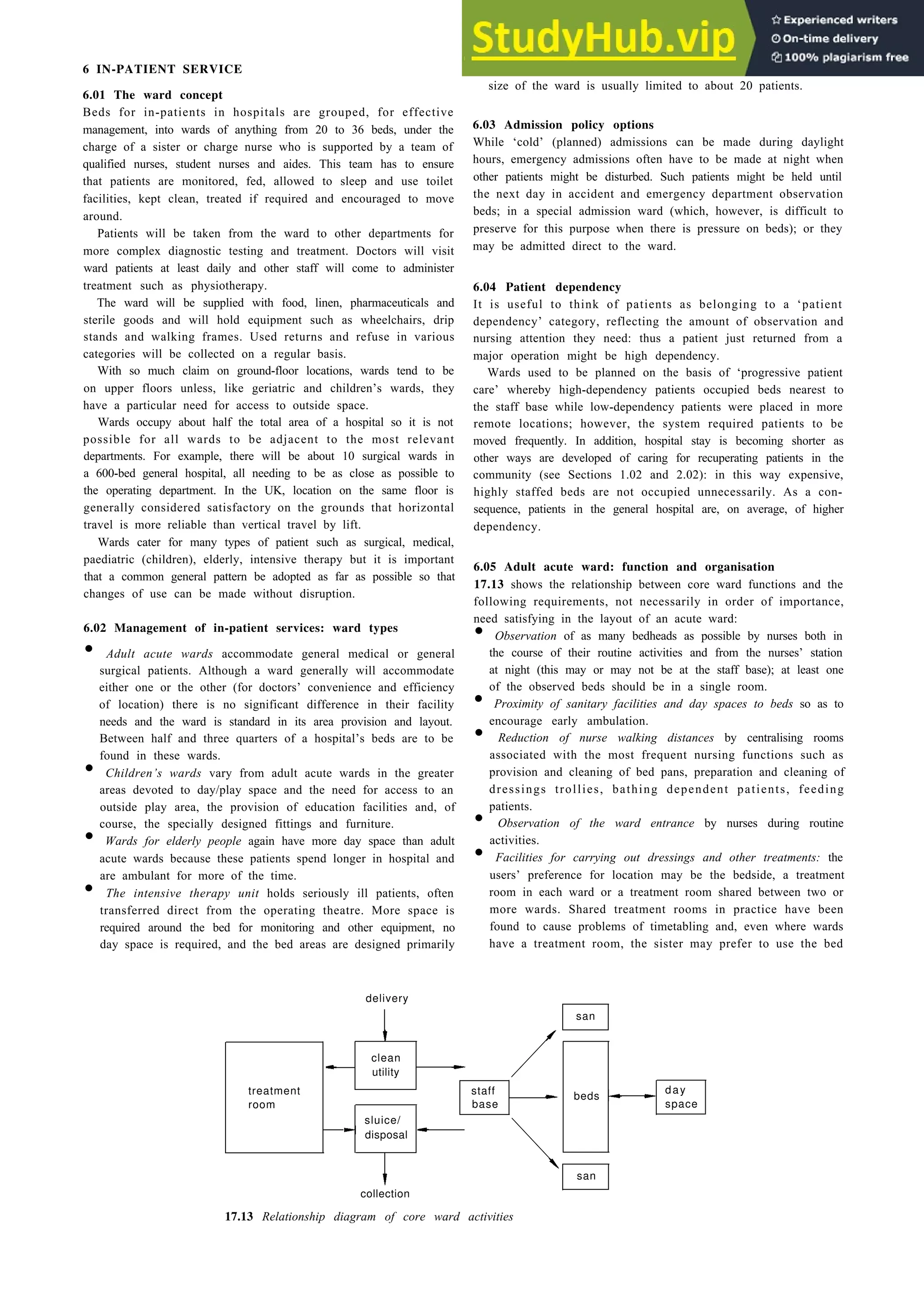 Hospitals 17-13
6 IN-PATIENT SERVICE
6.01 The ward concept
Beds for in-patients in hospitals are grouped, for effective
management, into wards of anything from 20 to 36 beds, under the
charge of a sister or charge nurse who is supported by a team of
qualified nurses, student nurses and aides. This team has to ensure
that patients are monitored, fed, allowed to sleep and use toilet
facilities, kept clean, treated if required and encouraged to move
around.
Patients will be taken from the ward to other departments for
more complex diagnostic testing and treatment. Doctors will visit
ward patients at least daily and other staff will come to administer
treatment such as physiotherapy.
The ward will be supplied with food, linen, pharmaceuticals and
sterile goods and will hold equipment such as wheelchairs, drip
stands and walking frames. Used returns and refuse in various
categories will be collected on a regular basis.
With so much claim on ground-floor locations, wards tend to be
on upper floors unless, like geriatric and children’s wards, they
have a particular need for access to outside space.
Wards occupy about half the total area of a hospital so it is not
possible for all wards to be adjacent to the most relevant
departments. For example, there will be about 10 surgical wards in
a 600-bed general hospital, all needing to be as close as possible to
the operating department. In the UK, location on the same floor is
generally considered satisfactory on the grounds that horizontal
travel is more reliable than vertical travel by lift.
Wards cater for many types of patient such as surgical, medical,
paediatric (children), elderly, intensive therapy but it is important
that a common general pattern be adopted as far as possible so that
changes of use can be made without disruption.
6.02 Management of in-patient services: ward types
• Adult acute wards accommodate general medical or general
surgical patients. Although a ward generally will accommodate
either one or the other (for doctors’ convenience and efficiency
of location) there is no significant difference in their facility
needs and the ward is standard in its area provision and layout.
Between half and three quarters of a hospital’s beds are to be
found in these wards.
• Children’s wards vary from adult acute wards in the greater
areas devoted to day/play space and the need for access to an
outside play area, the provision of education facilities and, of
course, the specially designed fittings and furniture.
• Wards for elderly people again have more day space than adult
acute wards because these patients spend longer in hospital and
are ambulant for more of the time.
• The intensive therapy unit holds seriously ill patients, often
transferred direct from the operating theatre. More space is
required around the bed for monitoring and other equipment, no
day space is required, and the bed areas are designed primarily
for efficient nursing. Because of the high staff/patient ratio, the
size of the ward is usually limited to about 20 patients.
6.03 Admission policy options
While ‘cold’ (planned) admissions can be made during daylight
hours, emergency admissions often have to be made at night when
other patients might be disturbed. Such patients might be held until
the next day in accident and emergency department observation
beds; in a special admission ward (which, however, is difficult to
preserve for this purpose when there is pressure on beds); or they
may be admitted direct to the ward.
6.04 Patient dependency
It is useful to think of patients as belonging to a ‘patient
dependency’ category, reflecting the amount of observation and
nursing attention they need: thus a patient just returned from a
major operation might be high dependency.
Wards used to be planned on the basis of ‘progressive patient
care’ whereby high-dependency patients occupied beds nearest to
the staff base while low-dependency patients were placed in more
remote locations; however, the system required patients to be
moved frequently. In addition, hospital stay is becoming shorter as
other ways are developed of caring for recuperating patients in the
community (see Sections 1.02 and 2.02): in this way expensive,
highly staffed beds are not occupied unnecessarily. As a con-
sequence, patients in the general hospital are, on average, of higher
dependency.
6.05 Adult acute ward: function and organisation
17.13 shows the relationship between core ward functions and the
following requirements, not necessarily in order of importance,
need satisfying in the layout of an acute ward:
• Observation of as many bedheads as possible by nurses both in
the course of their routine activities and from the nurses’ station
at night (this may or may not be at the staff base); at least one
of the observed beds should be in a single room.
• Proximity of sanitary facilities and day spaces to beds so as to
encourage early ambulation.
• Reduction of nurse walking distances by centralising rooms
associated with the most frequent nursing functions such as
provision and cleaning of bed pans, preparation and cleaning of
dressings trollies, bathing dependent patients, feeding
patients.
• Observation of the ward entrance by nurses during routine
activities.
• Facilities for carrying out dressings and other treatments: the
users’ preference for location may be the bedside, a treatment
room in each ward or a treatment room shared between two or
more wards. Shared treatment rooms in practice have been
found to cause problems of timetabling and, even where wards
have a treatment room, the sister may prefer to use the bed
delivery
clean
utility
treatment staff
room base
sluice/
disposal
san
beds
day
space
san
collection
17.13 Relationship diagram of core ward activities
 