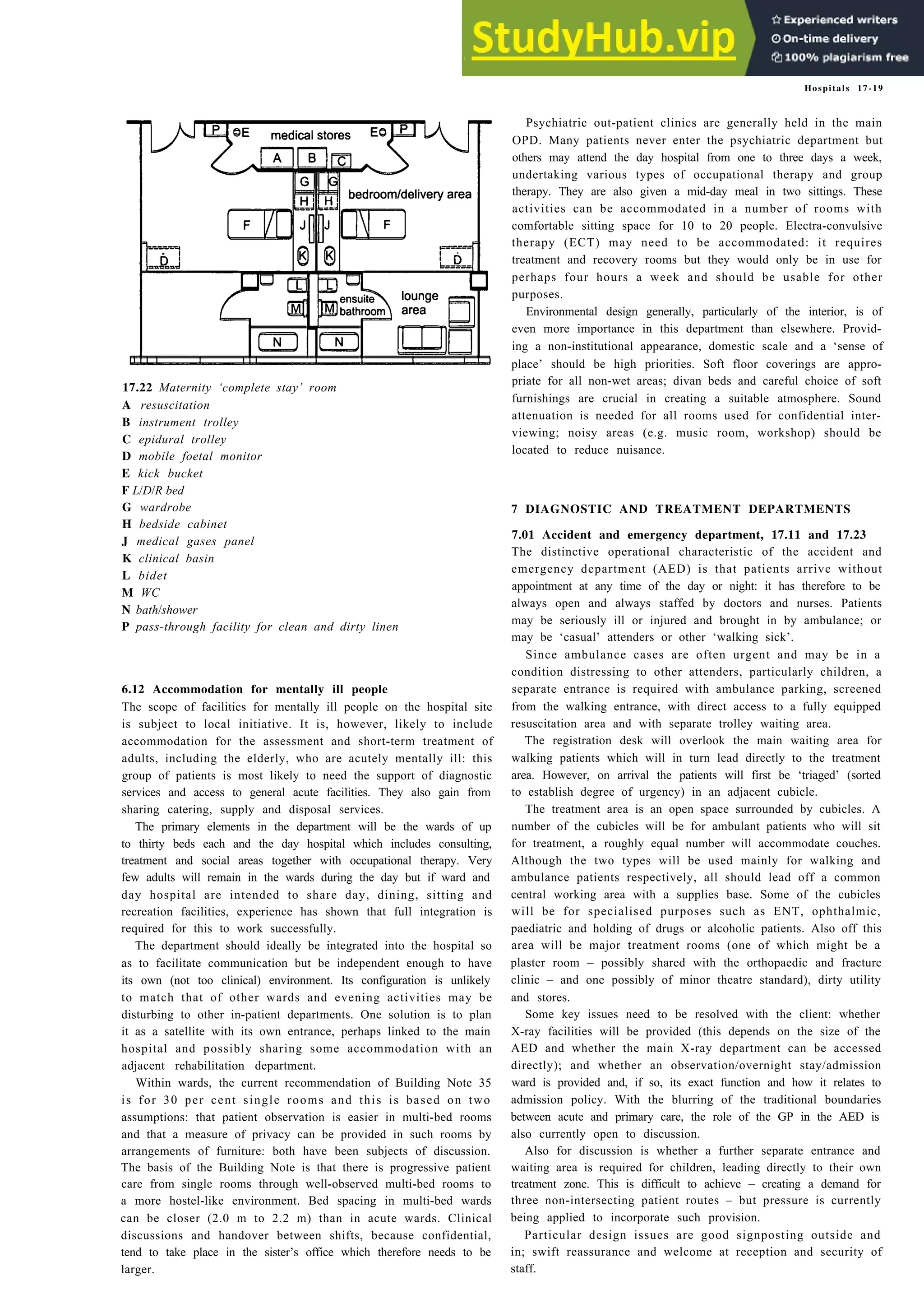 Hospitals 17-19
17.22 Maternity ‘complete stay’ room
A resuscitation
B instrument trolley
C epidural trolley
D mobile foetal monitor
E kick bucket
F L/D/R bed
G wardrobe
H bedside cabinet
J medical gases panel
K clinical basin
L bidet
M WC
N bath/shower
P pass-through facility for clean and dirty linen
6.12 Accommodation for mentally ill people
The scope of facilities for mentally ill people on the hospital site
is subject to local initiative. It is, however, likely to include
accommodation for the assessment and short-term treatment of
adults, including the elderly, who are acutely mentally ill: this
group of patients is most likely to need the support of diagnostic
services and access to general acute facilities. They also gain from
sharing catering, supply and disposal services.
The primary elements in the department will be the wards of up
to thirty beds each and the day hospital which includes consulting,
treatment and social areas together with occupational therapy. Very
few adults will remain in the wards during the day but if ward and
day hospital are intended to share day, dining, sitting and
recreation facilities, experience has shown that full integration is
required for this to work successfully.
The department should ideally be integrated into the hospital so
as to facilitate communication but be independent enough to have
its own (not too clinical) environment. Its configuration is unlikely
to match that of other wards and evening activities may be
disturbing to other in-patient departments. One solution is to plan
it as a satellite with its own entrance, perhaps linked to the main
hospital and possibly sharing some accommodation with an
adjacent rehabilitation department.
Within wards, the current recommendation of Building Note 35
is for 30 per cent single rooms and this is based on two
assumptions: that patient observation is easier in multi-bed rooms
and that a measure of privacy can be provided in such rooms by
arrangements of furniture: both have been subjects of discussion.
The basis of the Building Note is that there is progressive patient
care from single rooms through well-observed multi-bed rooms to
a more hostel-like environment. Bed spacing in multi-bed wards
can be closer (2.0 m to 2.2 m) than in acute wards. Clinical
discussions and handover between shifts, because confidential,
tend to take place in the sister’s office which therefore needs to be
larger.
Psychiatric out-patient clinics are generally held in the main
OPD. Many patients never enter the psychiatric department but
others may attend the day hospital from one to three days a week,
undertaking various types of occupational therapy and group
therapy. They are also given a mid-day meal in two sittings. These
activities can be accommodated in a number of rooms with
comfortable sitting space for 10 to 20 people. Electra-convulsive
therapy (ECT) may need to be accommodated: it requires
treatment and recovery rooms but they would only be in use for
perhaps four hours a week and should be usable for other
purposes.
Environmental design generally, particularly of the interior, is of
even more importance in this department than elsewhere. Provid-
ing a non-institutional appearance, domestic scale and a ‘sense of
place’ should be high priorities. Soft floor coverings are appro-
priate for all non-wet areas; divan beds and careful choice of soft
furnishings are crucial in creating a suitable atmosphere. Sound
attenuation is needed for all rooms used for confidential inter-
viewing; noisy areas (e.g. music room, workshop) should be
located to reduce nuisance.
7 DIAGNOSTIC AND TREATMENT DEPARTMENTS
7.01 Accident and emergency department, 17.11 and 17.23
The distinctive operational characteristic of the accident and
emergency department (AED) is that patients arrive without
appointment at any time of the day or night: it has therefore to be
always open and always staffed by doctors and nurses. Patients
may be seriously ill or injured and brought in by ambulance; or
may be ‘casual’ attenders or other ‘walking sick’.
Since ambulance cases are often urgent and may be in a
condition distressing to other attenders, particularly children, a
separate entrance is required with ambulance parking, screened
from the walking entrance, with direct access to a fully equipped
resuscitation area and with separate trolley waiting area.
The registration desk will overlook the main waiting area for
walking patients which will in turn lead directly to the treatment
area. However, on arrival the patients will first be ‘triaged’ (sorted
to establish degree of urgency) in an adjacent cubicle.
The treatment area is an open space surrounded by cubicles. A
number of the cubicles will be for ambulant patients who will sit
for treatment, a roughly equal number will accommodate couches.
Although the two types will be used mainly for walking and
ambulance patients respectively, all should lead off a common
central working area with a supplies base. Some of the cubicles
will be for specialised purposes such as ENT, ophthalmic,
paediatric and holding of drugs or alcoholic patients. Also off this
area will be major treatment rooms (one of which might be a
plaster room – possibly shared with the orthopaedic and fracture
clinic – and one possibly of minor theatre standard), dirty utility
and stores.
Some key issues need to be resolved with the client: whether
X-ray facilities will be provided (this depends on the size of the
AED and whether the main X-ray department can be accessed
directly); and whether an observation/overnight stay/admission
ward is provided and, if so, its exact function and how it relates to
admission policy. With the blurring of the traditional boundaries
between acute and primary care, the role of the GP in the AED is
also currently open to discussion.
Also for discussion is whether a further separate entrance and
waiting area is required for children, leading directly to their own
treatment zone. This is difficult to achieve – creating a demand for
three non-intersecting patient routes – but pressure is currently
being applied to incorporate such provision.
Particular design issues are good signposting outside and
in; swift reassurance and welcome at reception and security of
staff.
 