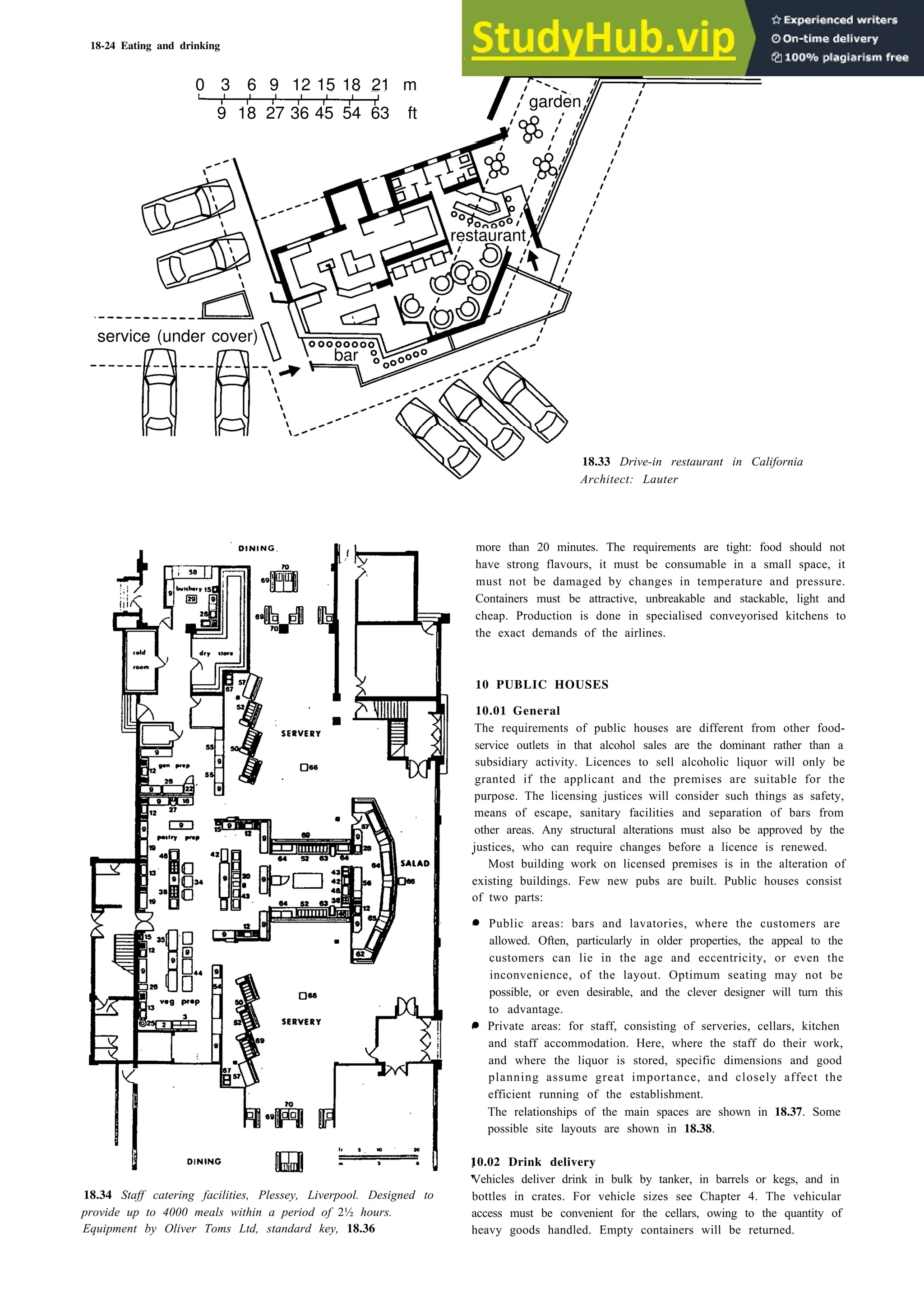 18-24 Eating and drinking
0 3 6 9 12 15 18 21 m
9 18 27 36 45 54 63 ft
18.33 Drive-in restaurant in California
Architect: Lauter
18.34 Staff catering facilities, Plessey, Liverpool. Designed to
provide up to 4000 meals within a period of 2½ hours.
Equipment by Oliver Toms Ltd, standard key, 18.36
more than 20 minutes. The requirements are tight: food should not
have strong flavours, it must be consumable in a small space, it
must not be damaged by changes in temperature and pressure.
Containers must be attractive, unbreakable and stackable, light and
cheap. Production is done in specialised conveyorised kitchens to
the exact demands of the airlines.
10 PUBLIC HOUSES
10.01 General
The requirements of public houses are different from other food-
service outlets in that alcohol sales are the dominant rather than a
subsidiary activity. Licences to sell alcoholic liquor will only be
granted if the applicant and the premises are suitable for the
purpose. The licensing justices will consider such things as safety,
means of escape, sanitary facilities and separation of bars from
other areas. Any structural alterations must also be approved by the
justices, who can require changes before a licence is renewed.
Most building work on licensed premises is in the alteration of
existing buildings. Few new pubs are built. Public houses consist
of two parts:
• Public areas: bars and lavatories, where the customers are
allowed. Often, particularly in older properties, the appeal to the
customers can lie in the age and eccentricity, or even the
inconvenience, of the layout. Optimum seating may not be
possible, or even desirable, and the clever designer will turn this
to advantage.
• Private areas: for staff, consisting of serveries, cellars, kitchen
and staff accommodation. Here, where the staff do their work,
and where the liquor is stored, specific dimensions and good
planning assume great importance, and closely affect the
efficient running of the establishment.
The relationships of the main spaces are shown in 18.37. Some
possible site layouts are shown in 18.38.
10.02 Drink delivery
Vehicles deliver drink in bulk by tanker, in barrels or kegs, and in
bottles in crates. For vehicle sizes see Chapter 4. The vehicular
access must be convenient for the cellars, owing to the quantity of
heavy goods handled. Empty containers will be returned.
service (under cover)
bar
garden
restaurant
 