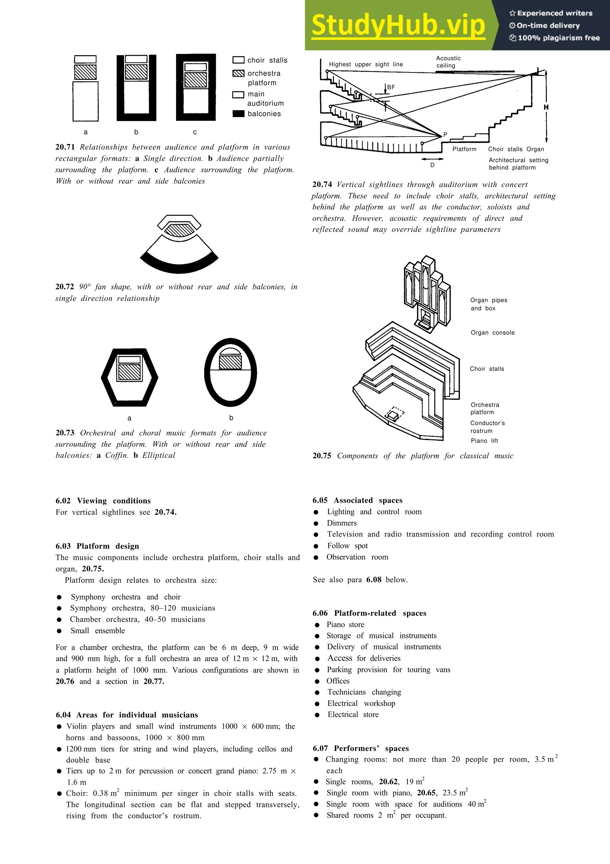 Auditoria 20-25
choir stalls
orchestra
platform
main
auditorium
balconies
a b c
20.71 Relationships between audience and platform in various
rectangular formats: a Single direction. b Audience partially
surrounding the platform. c Audience surrounding the platform.
With or without rear and side balconies
20.72 90° fan shape, with or without rear and side balconies, in
single direction relationship
a b
20.73 Orchestral and choral music formats for audience
surrounding the platform. With or without rear and side
balconies: a Coffin. b Elliptical
6.02 Viewing conditions
For vertical sightlines see 20.74.
6.03 Platform design
The music components include orchestra platform, choir stalls and
organ, 20.75.
Platform design relates to orchestra size:
• Symphony orchestra and choir
• Symphony orchestra, 80–120 musicians
• Chamber orchestra, 40–50 musicians
• Small ensemble
For a chamber orchestra, the platform can be 6 m deep, 9 m wide
and 900 mm high, for a full orchestra an area of 12 m × 12 m, with
a platform height of 1000 mm. Various configurations are shown in
20.76 and a section in 20.77.
6.04 Areas for individual musicians
• Violin players and small wind instruments 1000 × 600 mm; the
horns and bassoons, 1000 × 800 mm
• 1200 mm tiers for string and wind players, including cellos and
double base
• Tiers up to 2 m for percussion or concert grand piano: 2.75 m ×
1.6 m
• Choir: 0.38 m2
minimum per singer in choir stalls with seats.
The longitudinal section can be flat and stepped transversely,
rising from the conductor’s rostrum.
Acoustic
Highest upper sight line ceiling
H
Platform Choir stalls Organ
Architectural setting
D behind platform
20.74 Vertical sightlines through auditorium with concert
platform. These need to include choir stalls, architectural setting
behind the platform as well as the conductor, soloists and
orchestra. However, acoustic requirements of direct and
reflected sound may override sightline parameters
20.75 Components of the platform for classical music
Organ pipes
and box
Organ console
Choir stalls
Orchestra
platform
Conductor’s
rostrum
Piano lift
6.05 Associated spaces
• Lighting and control room
• Dimmers
• Television and radio transmission and recording control room
• Follow spot
• Observation room
See also para 6.08 below.
6.06 Platform-related spaces
• Piano store
• Storage of musical instruments
• Delivery of musical instruments
• Access for deliveries
• Parking provision for touring vans
• Offices
• Technicians changing
• Electrical workshop
• Electrical store
6.07 Performers’ spaces
• Changing rooms: not more than 20 people per room, 3.5 m 2
each
• Single rooms, 20.62, 19 m2
• Single room with piano, 20.65, 23.5 m2
• Single room with space for auditions 40 m2
• Shared rooms 2 m2
per occupant.
BF
P
 