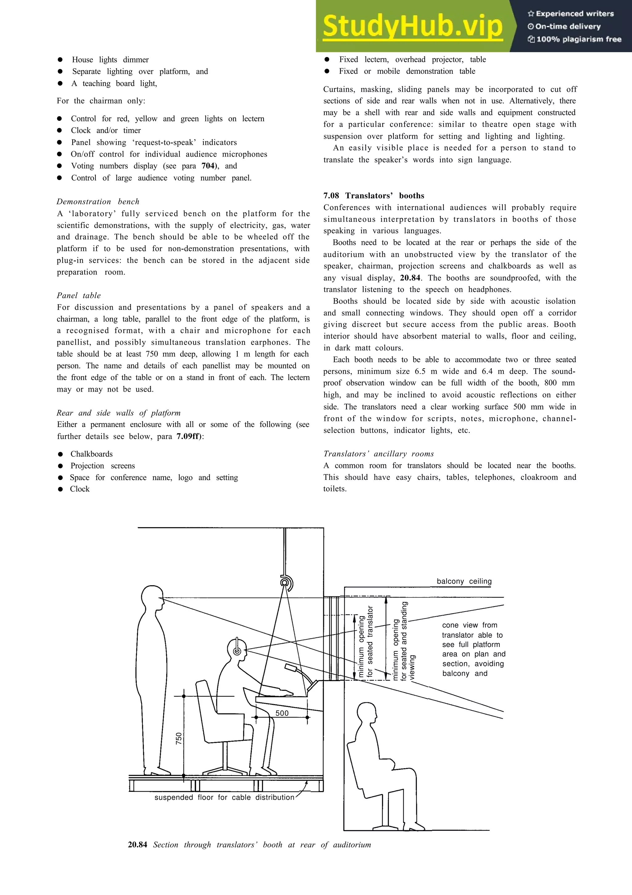 Auditoria 20-29
• House lights dimmer
• Separate lighting over platform, and
• A teaching board light,
For the chairman only:
• Control for red, yellow and green lights on lectern
• Clock and/or timer
• Panel showing ‘request-to-speak’ indicators
• On/off control for individual audience microphones
• Voting numbers display (see para 704), and
• Control of large audience voting number panel.
Demonstration bench
A ‘laboratory’ fully serviced bench on the platform for the
scientific demonstrations, with the supply of electricity, gas, water
and drainage. The bench should be able to be wheeled off the
platform if to be used for non-demonstration presentations, with
plug-in services: the bench can be stored in the adjacent side
preparation room.
Panel table
For discussion and presentations by a panel of speakers and a
chairman, a long table, parallel to the front edge of the platform, is
a recognised format, with a chair and microphone for each
panellist, and possibly simultaneous translation earphones. The
table should be at least 750 mm deep, allowing 1 m length for each
person. The name and details of each panellist may be mounted on
the front edge of the table or on a stand in front of each. The lectern
may or may not be used.
Rear and side walls of platform
Either a permanent enclosure with all or some of the following (see
further details see below, para 7.09ff):
Each booth needs to be able to accommodate two or three seated
persons, minimum size 6.5 m wide and 6.4 m deep. The sound-
proof observation window can be full width of the booth, 800 mm
high, and may be inclined to avoid acoustic reflections on either
side. The translators need a clear working surface 500 mm wide in
front of the window for scripts, notes, microphone, channel-
selection buttons, indicator lights, etc.
• Chalkboards Translators’ ancillary rooms
• Projection screens A common room for translators should be located near the booths.
• Space for conference name, logo and setting This should have easy chairs, tables, telephones, cloakroom and
• Clock toilets.
suspended floor for cable distribution
• Fixed lectern, overhead projector, table
• Fixed or mobile demonstration table
Curtains, masking, sliding panels may be incorporated to cut off
sections of side and rear walls when not in use. Alternatively, there
may be a shell with rear and side walls and equipment constructed
for a particular conference: similar to theatre open stage with
suspension over platform for setting and lighting and lighting.
An easily visible place is needed for a person to stand to
translate the speaker’s words into sign language.
7.08 Translators’ booths
Conferences with international audiences will probably require
simultaneous interpretation by translators in booths of those
speaking in various languages.
Booths need to be located at the rear or perhaps the side of the
auditorium with an unobstructed view by the translator of the
speaker, chairman, projection screens and chalkboards as well as
any visual display, 20.84. The booths are soundproofed, with the
translator listening to the speech on headphones.
Booths should be located side by side with acoustic isolation
and small connecting windows. They should open off a corridor
giving discreet but secure access from the public areas. Booth
interior should have absorbent material to walls, floor and ceiling,
in dark matt colours.
balcony ceiling
cone view from
translator able to
see full platform
area on plan and
section, avoiding
balcony and
20.84 Section through translators’ booth at rear of auditorium
750
500
for
seated
translator
minimum
opening
for
seated
and
standing
viewing
minimum
opening
 