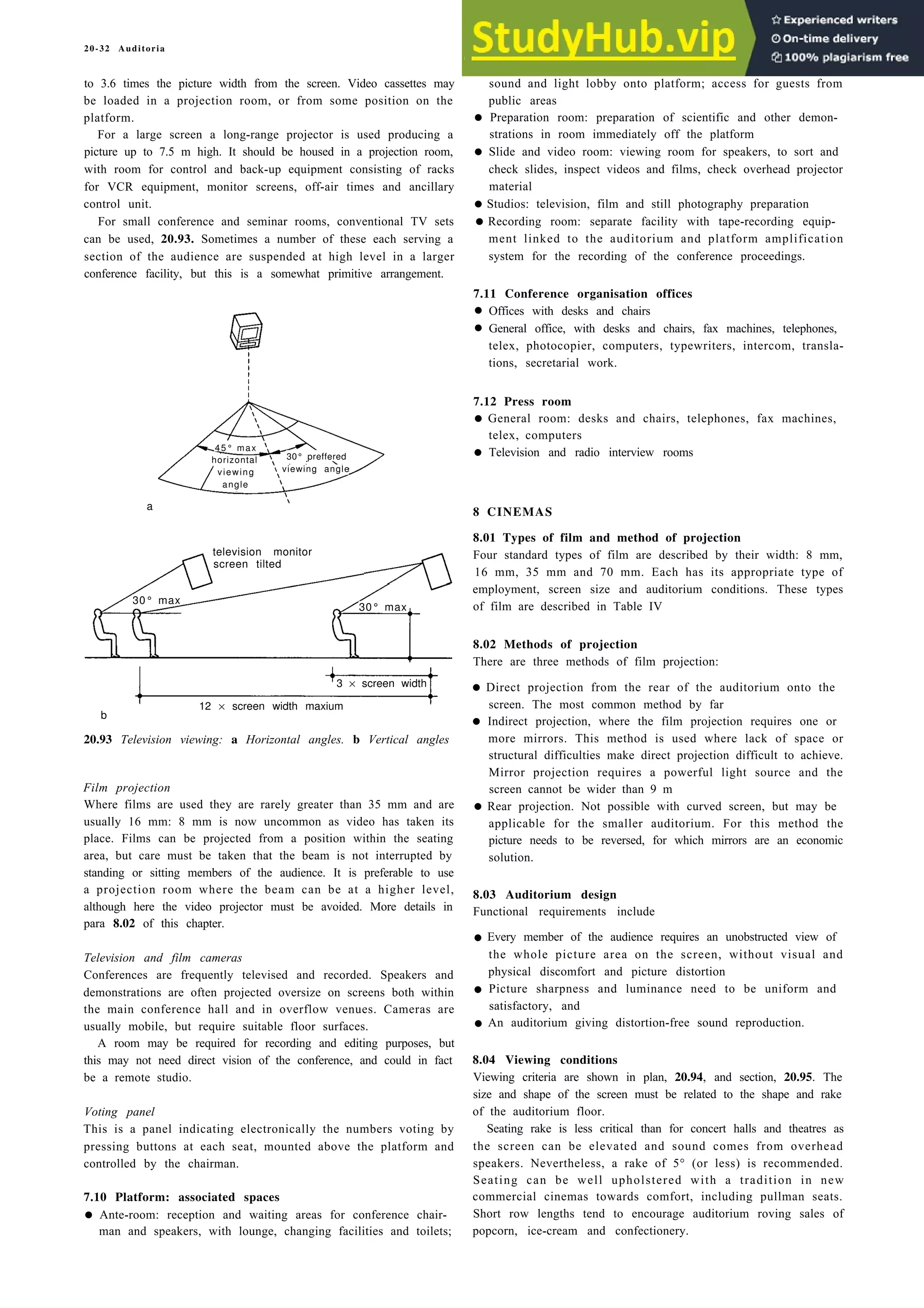 20-32 Auditoria
to 3.6 times the picture width from the screen. Video cassettes may
be loaded in a projection room, or from some position on the
platform.
For a large screen a long-range projector is used producing a
picture up to 7.5 m high. It should be housed in a projection room,
with room for control and back-up equipment consisting of racks
for VCR equipment, monitor screens, off-air times and ancillary
control unit.
For small conference and seminar rooms, conventional TV sets
can be used, 20.93. Sometimes a number of these each serving a
section of the audience are suspended at high level in a larger
conference facility, but this is a somewhat primitive arrangement.
a
television monitor
screen tilted
b
12 × screen width maxium
20.93 Television viewing: a Horizontal angles. b Vertical angles
Film projection
Where films are used they are rarely greater than 35 mm and are
usually 16 mm: 8 mm is now uncommon as video has taken its
place. Films can be projected from a position within the seating
area, but care must be taken that the beam is not interrupted by
standing or sitting members of the audience. It is preferable to use
a projection room where the beam can be at a higher level,
although here the video projector must be avoided. More details in
para 8.02 of this chapter.
Television and film cameras
Conferences are frequently televised and recorded. Speakers and
demonstrations are often projected oversize on screens both within
the main conference hall and in overflow venues. Cameras are
usually mobile, but require suitable floor surfaces.
A room may be required for recording and editing purposes, but
this may not need direct vision of the conference, and could in fact
be a remote studio.
Voting panel
This is a panel indicating electronically the numbers voting by
pressing buttons at each seat, mounted above the platform and
controlled by the chairman.
7.10 Platform: associated spaces
• Ante-room: reception and waiting areas for conference chair-
man and speakers, with lounge, changing facilities and toilets;
sound and light lobby onto platform; access for guests from
public areas
• Preparation room: preparation of scientific and other demon-
strations in room immediately off the platform
• Slide and video room: viewing room for speakers, to sort and
check slides, inspect videos and films, check overhead projector
material
•Studios: television, film and still photography preparation
•Recording room: separate facility with tape-recording equip-
ment linked to the auditorium and platform amplification
system for the recording of the conference proceedings.
7.11 Conference organisation offices
• Offices with desks and chairs
• General office, with desks and chairs, fax machines, telephones,
telex, photocopier, computers, typewriters, intercom, transla-
tions, secretarial work.
7.12 Press room
• General room: desks and chairs, telephones, fax machines,
telex, computers
• Television and radio interview rooms
8 CINEMAS
8.01 Types of film and method of projection
Four standard types of film are described by their width: 8 mm,
16 mm, 35 mm and 70 mm. Each has its appropriate type of
employment, screen size and auditorium conditions. These types
of film are described in Table IV
8.02 Methods of projection
There are three methods of film projection:
• Direct projection from the rear of the auditorium onto the
screen. The most common method by far
• Indirect projection, where the film projection requires one or
more mirrors. This method is used where lack of space or
structural difficulties make direct projection difficult to achieve.
Mirror projection requires a powerful light source and the
screen cannot be wider than 9 m
• Rear projection. Not possible with curved screen, but may be
applicable for the smaller auditorium. For this method the
picture needs to be reversed, for which mirrors are an economic
solution.
8.03 Auditorium design
Functional requirements include
• Every member of the audience requires an unobstructed view of
the whole picture area on the screen, without visual and
physical discomfort and picture distortion
• Picture sharpness and luminance need to be uniform and
satisfactory, and
• An auditorium giving distortion-free sound reproduction.
8.04 Viewing conditions
Viewing criteria are shown in plan, 20.94, and section, 20.95. The
size and shape of the screen must be related to the shape and rake
of the auditorium floor.
Seating rake is less critical than for concert halls and theatres as
the screen can be elevated and sound comes from overhead
speakers. Nevertheless, a rake of 5° (or less) is recommended.
Seating can be well upholstered with a tradition in new
commercial cinemas towards comfort, including pullman seats.
Short row lengths tend to encourage auditorium roving sales of
popcorn, ice-cream and confectionery.
45° max
horizontal 30° preffered
viewing viewing angle
angle
× screen width
3
30° max
30° max
 