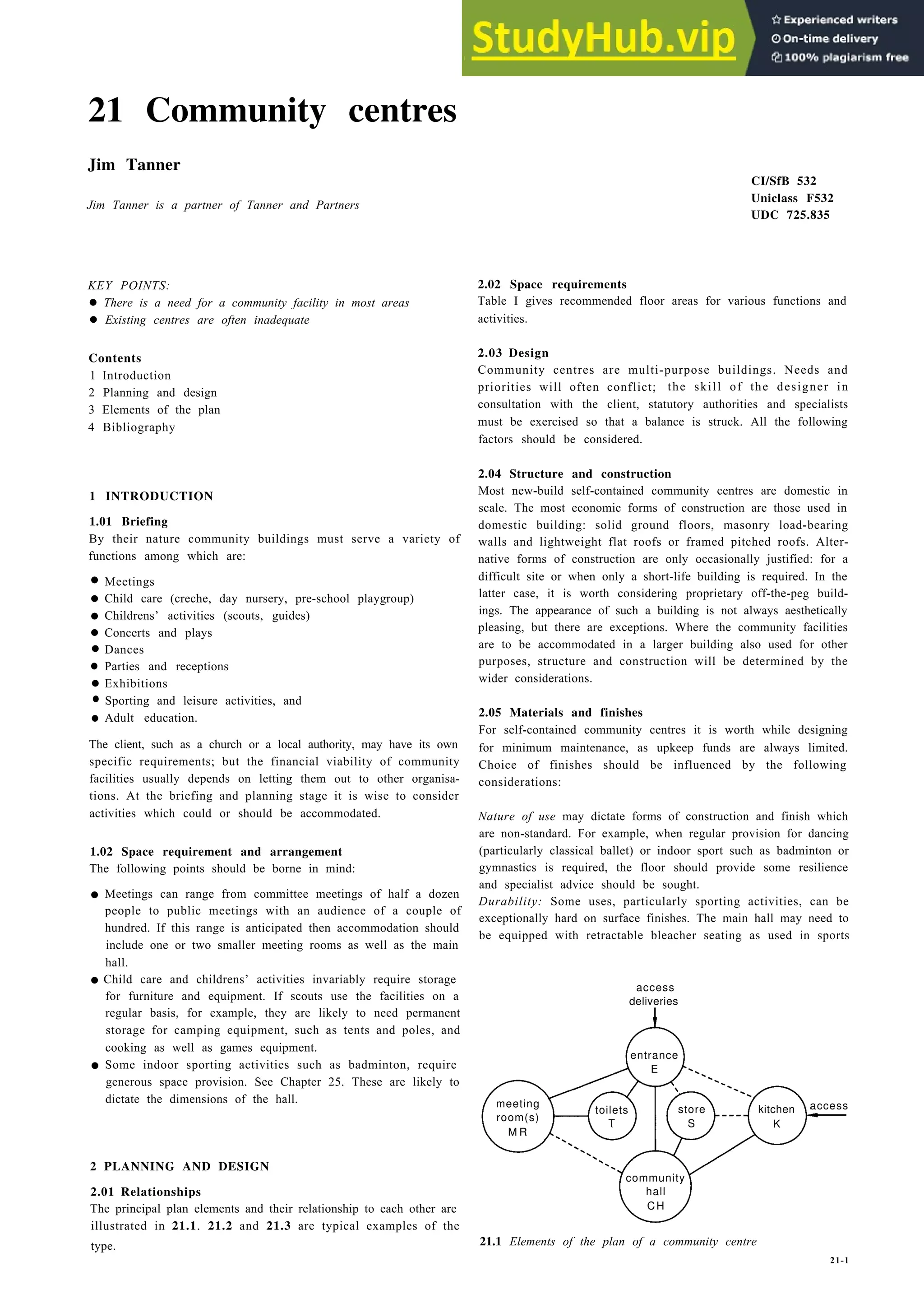 21 Community centres
Jim Tanner
Jim Tanner is a partner of Tanner and Partners
KEY POINTS:
• There is a need for a community facility in most areas
• Existing centres are often inadequate
Contents
1 Introduction
2 Planning and design
3 Elements of the plan
4 Bibliography
1 INTRODUCTION
1.01 Briefing
By their nature community buildings must serve a variety of
functions among which are:
•
•
•
•
•
•
•
•
•
Meetings
Child care (creche, day nursery, pre-school playgroup)
Childrens’ activities (scouts, guides)
Concerts and plays
Dances
Parties and receptions
Exhibitions
Sporting and leisure activities, and
Adult education.
The client, such as a church or a local authority, may have its own
specific requirements; but the financial viability of community
facilities usually depends on letting them out to other organisa-
tions. At the briefing and planning stage it is wise to consider
activities which could or should be accommodated.
1.02 Space requirement and arrangement
The following points should be borne in mind:
• Meetings can range from committee meetings of half a dozen
people to public meetings with an audience of a couple of
hundred. If this range is anticipated then accommodation should
include one or two smaller meeting rooms as well as the main
hall.
• Child care and childrens’ activities invariably require storage
for furniture and equipment. If scouts use the facilities on a
regular basis, for example, they are likely to need permanent
storage for camping equipment, such as tents and poles, and
cooking as well as games equipment.
• Some indoor sporting activities such as badminton, require
generous space provision. See Chapter 25. These are likely to
dictate the dimensions of the hall.
2 PLANNING AND DESIGN
2.01 Relationships
The principal plan elements and their relationship to each other are
illustrated in 21.1. 21.2 and 21.3 are typical examples of the
type.
CI/SfB 532
Uniclass F532
UDC 725.835
2.02 Space requirements
Table I gives recommended floor areas for various functions and
activities.
2.03 Design
Community centres are multi-purpose buildings. Needs and
priorities will often conflict; the skill of the designer in
consultation with the client, statutory authorities and specialists
must be exercised so that a balance is struck. All the following
factors should be considered.
2.04 Structure and construction
Most new-build self-contained community centres are domestic in
scale. The most economic forms of construction are those used in
domestic building: solid ground floors, masonry load-bearing
walls and lightweight flat roofs or framed pitched roofs. Alter-
native forms of construction are only occasionally justified: for a
difficult site or when only a short-life building is required. In the
latter case, it is worth considering proprietary off-the-peg build-
ings. The appearance of such a building is not always aesthetically
pleasing, but there are exceptions. Where the community facilities
are to be accommodated in a larger building also used for other
purposes, structure and construction will be determined by the
wider considerations.
2.05 Materials and finishes
For self-contained community centres it is worth while designing
for minimum maintenance, as upkeep funds are always limited.
Choice of finishes should be influenced by the following
considerations:
Nature of use may dictate forms of construction and finish which
are non-standard. For example, when regular provision for dancing
(particularly classical ballet) or indoor sport such as badminton or
gymnastics is required, the floor should provide some resilience
and specialist advice should be sought.
Durability: Some uses, particularly sporting activities, can be
exceptionally hard on surface finishes. The main hall may need to
be equipped with retractable bleacher seating as used in sports
access
deliveries
entrance
E
meeting access
room(s)
toilets store kitchen
M R
T S K
community
hall
CH
21.1 Elements of the plan of a community centre
21­1
 