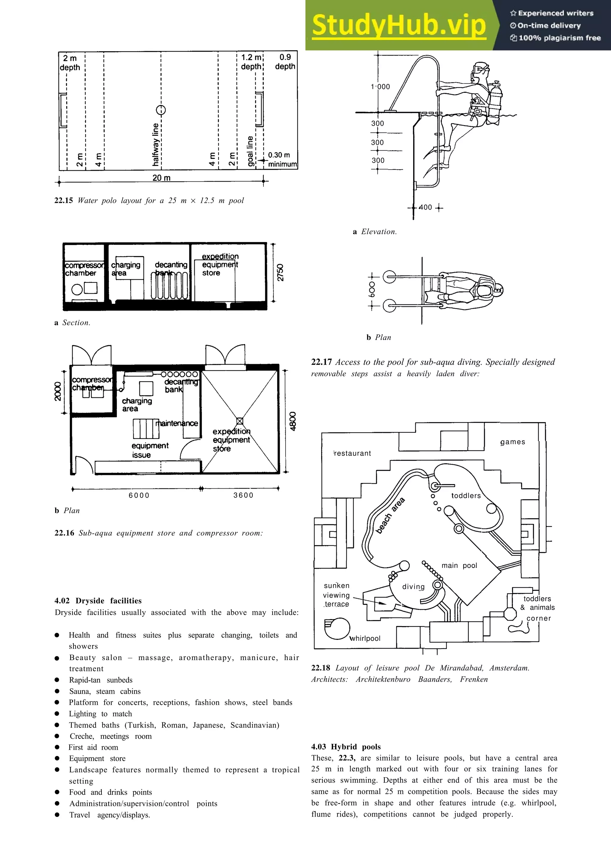 1.000
300
300
300
22.15 Water polo layout for a 25 m × 12.5 m pool
400
a Section.
restaurant
games
toddlers
b Plan
6 0 0 0 3 6 0 0
22.16 Sub-aqua equipment store and compressor room:
main pool
sunken
viewing
terrace
diving
4.02 Dryside facilities
Dryside facilities usually associated with the above may include:
toddlers
& animals
corner
• Health and fitness suites plus separate changing, toilets and whirlpool
showers
• Beauty salon – massage, aromatherapy, manicure, hair
treatment
• Rapid-tan sunbeds
• Sauna, steam cabins
• Platform for concerts, receptions, fashion shows, steel bands
• Lighting to match
• Themed baths (Turkish, Roman, Japanese, Scandinavian)
• Creche, meetings room
• First aid room
• Equipment store
• Landscape features normally themed to represent a tropical
setting
• Food and drinks points
• Administration/supervision/control points
• Travel agency/displays.
Swimming 22-7
a Elevation.
b Plan
22.17 Access to the pool for sub-aqua diving. Specially designed
removable steps assist a heavily laden diver:
22.18 Layout of leisure pool De Mirandabad, Amsterdam.
Architects: Architektenburo Baanders, Frenken
4.03 Hybrid pools
These, 22.3, are similar to leisure pools, but have a central area
25 m in length marked out with four or six training lanes for
serious swimming. Depths at either end of this area must be the
same as for normal 25 m competition pools. Because the sides may
be free-form in shape and other features intrude (e.g. whirlpool,
flume rides), competitions cannot be judged properly.
 