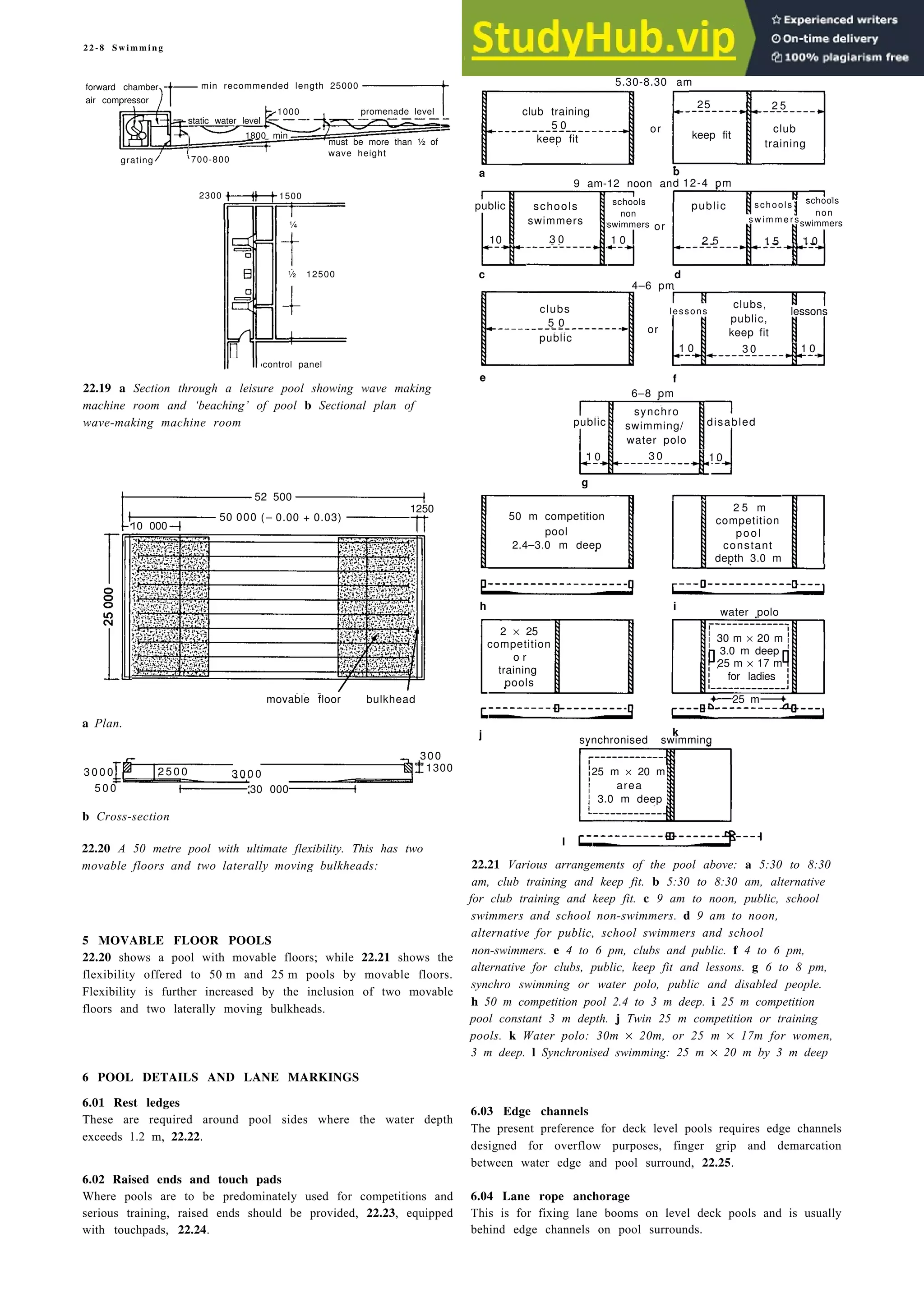 2 2 - 8 S w i m m i n g
forward chamber min recommended length 25000
air compressor
1000
25 2 5
keep fit
club
training
static water level
club training
5 0
keep fit
or
1800 min
promenade level
grating 700-800
must be more than ½ of
wave height
a
1500
2300
public schools
swimmers
schools
non
swimmers or
1 0
public schools schools
non
swimmers
s w i m m e r s
¼
10 3 0 2 5 1 5 1 0
½ 12500 c
lessons
clubs,
public,
keep fit
3 0
lessons
or
clubs
5 0
public
1 0 1 0
control panel
22.19 a Section through a leisure pool showing wave making
machine room and ‘beaching’ of pool b Sectional plan of
wave-making machine room disabled
public
synchro
swimming/
water polo
3 0
1 0 1 0
50 m competition
pool
2.4–3.0 m deep
g
52 500
1250
10 000
50 000 (– 0.00 + 0.03)
2 5 m
competition
pool
constant
depth 3.0 m
30 m × 20 m
3.0 m deep
25 m × 17 m
for ladies
25 m
movable floor bulkhead
a Plan.
300
1300
2 5 0 0
3 0 0 0
5 0 0
3 0 0 0
30 000
25 m × 20 m
area
3.0 m deep
b Cross-section
l
22.20 A 50 metre pool with ultimate flexibility. This has two
movable floors and two laterally moving bulkheads:
5 MOVABLE FLOOR POOLS
22.20 shows a pool with movable floors; while 22.21 shows the
flexibility offered to 50 m and 25 m pools by movable floors.
Flexibility is further increased by the inclusion of two movable
floors and two laterally moving bulkheads.
6 POOL DETAILS AND LANE MARKINGS
6.01 Rest ledges
These are required around pool sides where the water depth
exceeds 1.2 m, 22.22.
6.02 Raised ends and touch pads
Where pools are to be predominately used for competitions and
serious training, raised ends should be provided, 22.23, equipped
with touchpads, 22.24.
5.30-8.30 am
b
9 am-12 noon and 12-4 pm
4–6 pm
d
e f
6–8 pm
h
2 × 25
competition
o r
training
pools
i
water polo
j k
synchronised swimming
22.21 Various arrangements of the pool above: a 5:30 to 8:30
am, club training and keep fit. b 5:30 to 8:30 am, alternative
for club training and keep fit. c 9 am to noon, public, school
swimmers and school non-swimmers. d 9 am to noon,
alternative for public, school swimmers and school
non-swimmers. e 4 to 6 pm, clubs and public. f 4 to 6 pm,
alternative for clubs, public, keep fit and lessons. g 6 to 8 pm,
synchro swimming or water polo, public and disabled people.
h 50 m competition pool 2.4 to 3 m deep. i 25 m competition
pool constant 3 m depth. j Twin 25 m competition or training
pools. k Water polo: 30m × 20m, or 25 m × 17m for women,
3 m deep. l Synchronised swimming: 25 m × 20 m by 3 m deep
6.03 Edge channels
The present preference for deck level pools requires edge channels
designed for overflow purposes, finger grip and demarcation
between water edge and pool surround, 22.25.
6.04 Lane rope anchorage
This is for fixing lane booms on level deck pools and is usually
behind edge channels on pool surrounds.
 