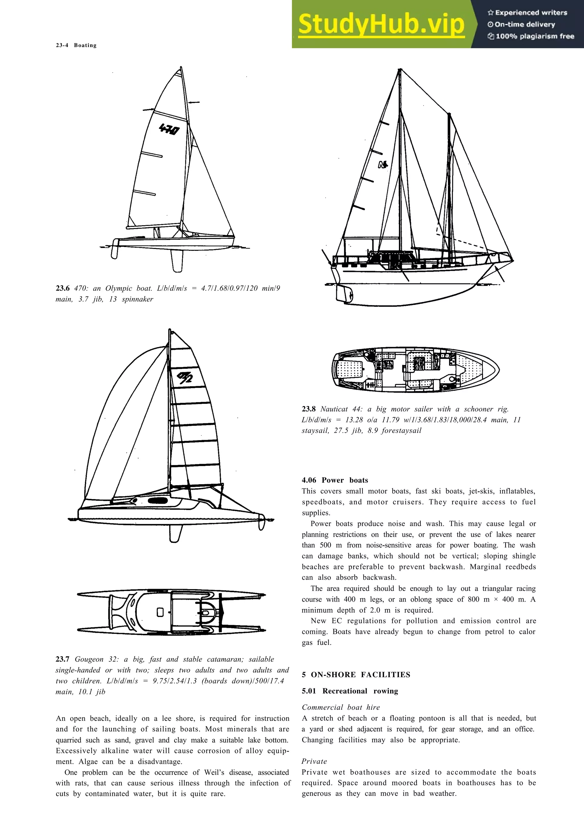 23-4 Boating
23.6 470: an Olympic boat. L/b/d/m/s = 4.7/1.68/0.97/120 min/9
main, 3.7 jib, 13 spinnaker
23.8 Nauticat 44: a big motor sailer with a schooner rig.
L/b/d/m/s = 13.28 o/a 11.79 w/1/3.68/1.83/18,000/28.4 main, 11
staysail, 27.5 jib, 8.9 forestaysail
4.06 Power boats
This covers small motor boats, fast ski boats, jet-skis, inflatables,
speedboats, and motor cruisers. They require access to fuel
supplies.
Power boats produce noise and wash. This may cause legal or
planning restrictions on their use, or prevent the use of lakes nearer
than 500 m from noise-sensitive areas for power boating. The wash
can damage banks, which should not be vertical; sloping shingle
beaches are preferable to prevent backwash. Marginal reedbeds
can also absorb backwash.
The area required should be enough to lay out a triangular racing
course with 400 m legs, or an oblong space of 800 m × 400 m. A
minimum depth of 2.0 m is required.
New EC regulations for pollution and emission control are
coming. Boats have already begun to change from petrol to calor
gas fuel.
23.7 Gougeon 32: a big, fast and stable catamaran; sailable
single-handed or with two; sleeps two adults and two adults and
two children. L/b/d/m/s = 9.75/2.54/1.3 (boards down)/500/17.4
5 ON-SHORE FACILITIES
main, 10.1 jib 5.01 Recreational rowing
An open beach, ideally on a lee shore, is required for instruction
and for the launching of sailing boats. Most minerals that are
quarried such as sand, gravel and clay make a suitable lake bottom.
Excessively alkaline water will cause corrosion of alloy equip-
ment. Algae can be a disadvantage.
One problem can be the occurrence of Weil’s disease, associated
with rats, that can cause serious illness through the infection of
cuts by contaminated water, but it is quite rare.
Commercial boat hire
A stretch of beach or a floating pontoon is all that is needed, but
a yard or shed adjacent is required, for gear storage, and an office.
Changing facilities may also be appropriate.
Private
Private wet boathouses are sized to accommodate the boats
required. Space around moored boats in boathouses has to be
generous as they can move in bad weather.
 