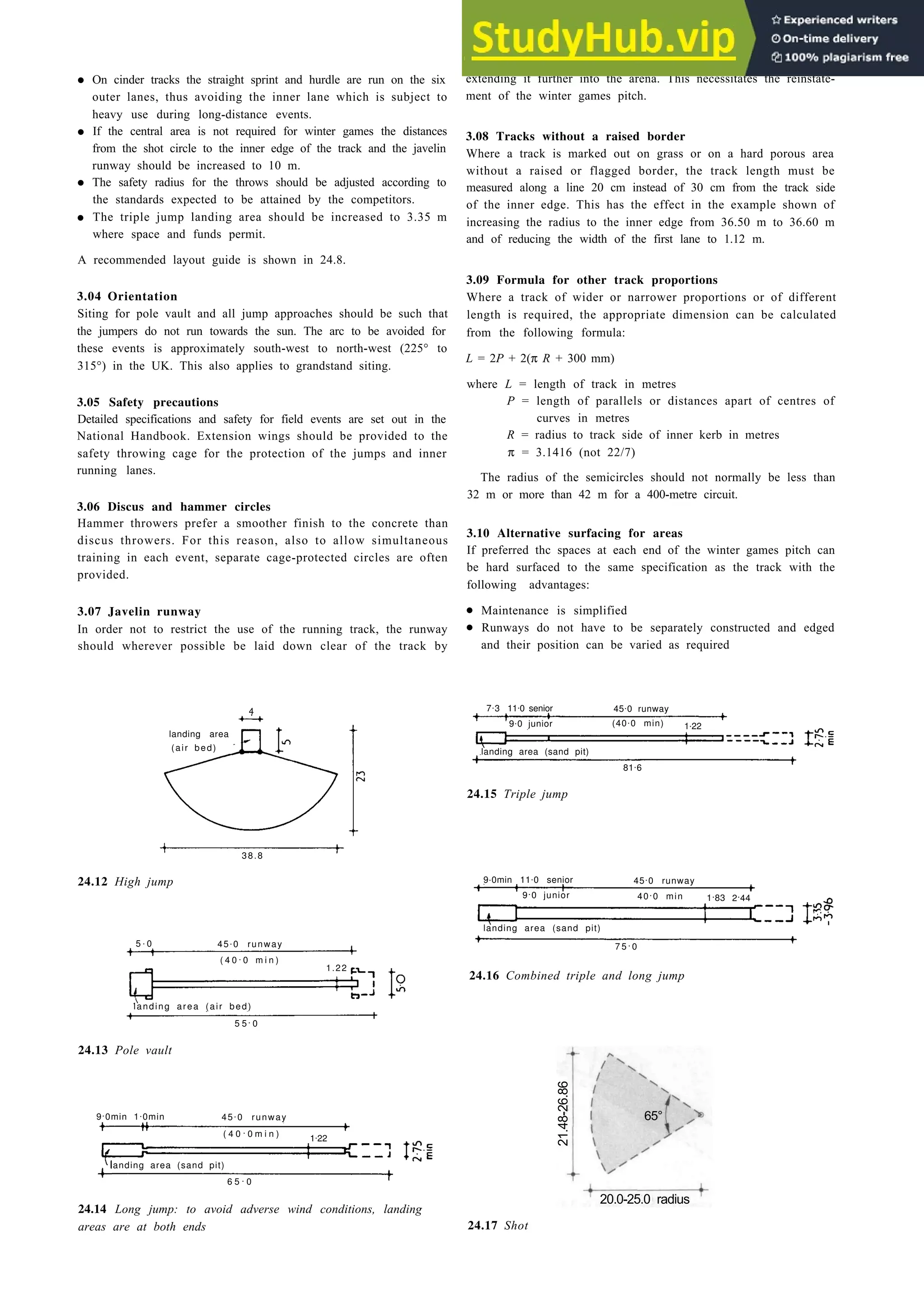20.0-25.0 radius
65°
21.48-26.86
Outdoor sports and stadia 24-7
•
•
•
•
On cinder tracks the straight sprint and hurdle are run on the six
outer lanes, thus avoiding the inner lane which is subject to
heavy use during long-distance events.
If the central area is not required for winter games the distances
from the shot circle to the inner edge of the track and the javelin
runway should be increased to 10 m.
The safety radius for the throws should be adjusted according to
the standards expected to be attained by the competitors.
The triple jump landing area should be increased to 3.35 m
where space and funds permit.
A recommended layout guide is shown in 24.8.
3.04 Orientation
Siting for pole vault and all jump approaches should be such that
the jumpers do not run towards the sun. The arc to be avoided for
these events is approximately south-west to north-west (225° to
315°) in the UK. This also applies to grandstand siting.
3.05 Safety precautions
Detailed specifications and safety for field events are set out in the
National Handbook. Extension wings should be provided to the
safety throwing cage for the protection of the jumps and inner
running lanes.
3.06 Discus and hammer circles
Hammer throwers prefer a smoother finish to the concrete than
discus throwers. For this reason, also to allow simultaneous
training in each event, separate cage-protected circles are often
provided.
3.07 Javelin runway
In order not to restrict the use of the running track, the runway
should wherever possible be laid down clear of the track by
extending it further into the arena. This necessitates the reinstate-
ment of the winter games pitch.
3.08 Tracks without a raised border
Where a track is marked out on grass or on a hard porous area
without a raised or flagged border, the track length must be
measured along a line 20 cm instead of 30 cm from the track side
of the inner edge. This has the effect in the example shown of
increasing the radius to the inner edge from 36.50 m to 36.60 m
and of reducing the width of the first lane to 1.12 m.
3.09 Formula for other track proportions
Where a track of wider or narrower proportions or of different
length is required, the appropriate dimension can be calculated
from the following formula:
L = 2P + 2(π R + 300 mm)
where L = length of track in metres
P = length of parallels or distances apart of centres of
curves in metres
R = radius to track side of inner kerb in metres
π = 3.1416 (not 22/7)
The radius of the semicircles should not normally be less than
32 m or more than 42 m for a 400-metre circuit.
3.10 Alternative surfacing for areas
If preferred thc spaces at each end of the winter games pitch can
be hard surfaced to the same specification as the track with the
following advantages:
• Maintenance is simplified
• Runways do not have to be separately constructed and edged
and their position can be varied as required
4
landing area
(air bed)
38.8
7.3 11.0 senior 45.
landing area (sand pit)
81.6
24.15 Triple jump
24.12 High jump 9.0min 11.0 senior
1.83 2.44
landing area (sand pit)
1.22
24.16 Combined triple and long jump
24.13 Pole vault
9.0min 1.0min 45.0 runway
24.14 Long jump: to avoid adverse wind conditions, landing
areas are at both ends 24.17 Shot
( 4 0 . 0 m i n )
5 . 0 45.0 runway
landing area (air bed)
( 4 0 . 0 m i n )
landing area (sand pit)
6 5 . 0
1.22
5 5. 0
9.0 junior (40.0 min) 1.22
0 runway
45.0 runway
9.0 junior 40.0 min
7 5 . 0
 