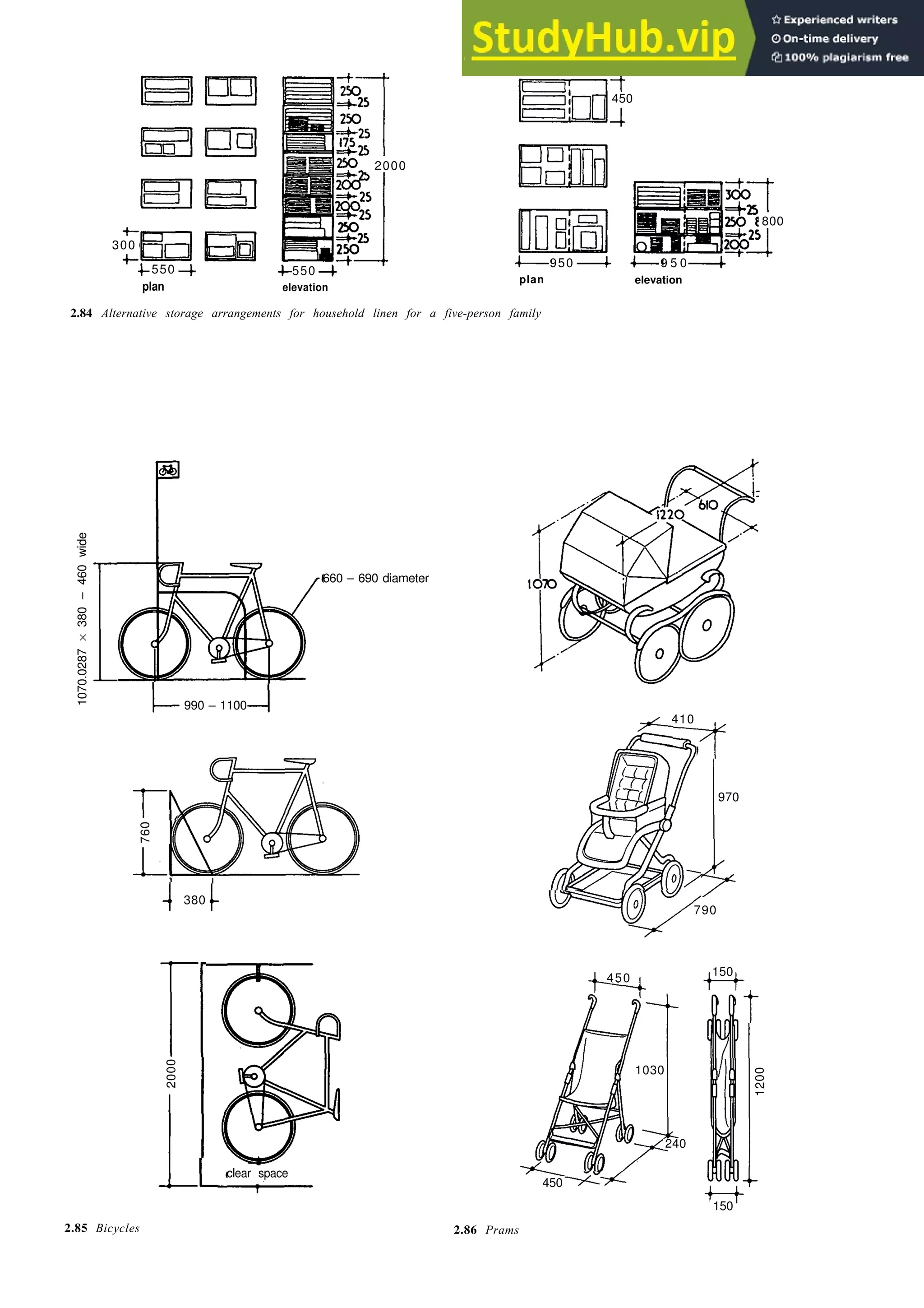 plan elevation
2.84 Alternative storage arrangements for household linen for a five-person family
Basic design data 2-23
1070.0287
×
380
–
460
wide
660 – 690 diameter
990 – 1100
410
970
380
790
2000
1200
clear space
450
700
2.85 Bicycles 2.86 Prams
300
550 550
2000
450
950
plan
9 5 0
elevation
800
760
1030
450
240
150
150
 