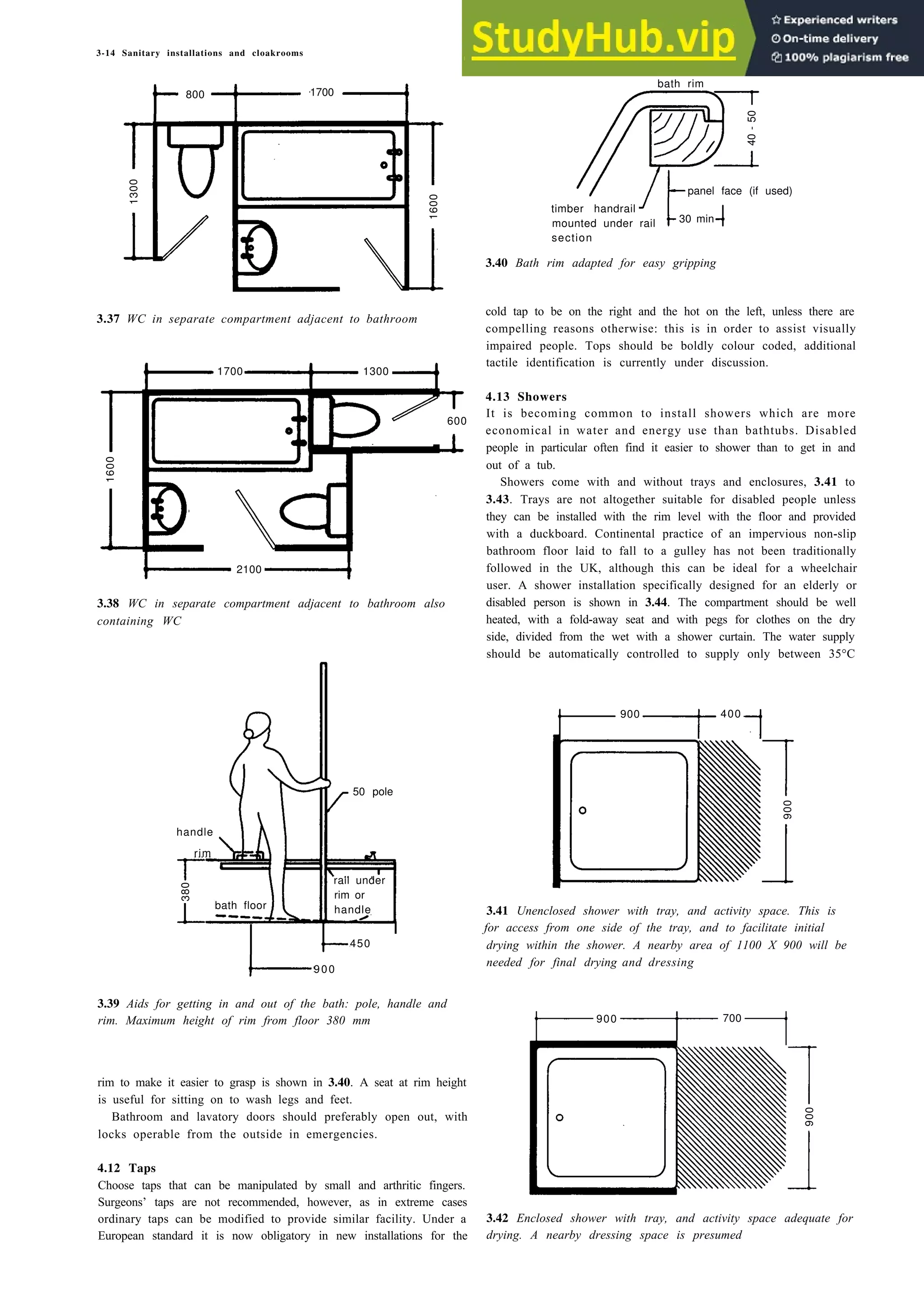 3-14 Sanitary installations and cloakrooms
800 1700
3.37 WC in separate compartment adjacent to bathroom
3.38 WC in separate compartment adjacent to bathroom also
containing WC
900 400
handle
rim
rail under
rim or
handle
450
900
3.39 Aids for getting in and out of the bath: pole, handle and
rim. Maximum height of rim from floor 380 mm
rim to make it easier to grasp is shown in 3.40. A seat at rim height
is useful for sitting on to wash legs and feet.
Bathroom and lavatory doors should preferably open out, with
locks operable from the outside in emergencies.
bath rim
panel face (if used)
timber handrail
mounted under rail
section
3.40 Bath rim adapted for easy gripping
cold tap to be on the right and the hot on the left, unless there are
compelling reasons otherwise: this is in order to assist visually
impaired people. Tops should be boldly colour coded, additional
tactile identification is currently under discussion.
4.13 Showers
It is becoming common to install showers which are more
economical in water and energy use than bathtubs. Disabled
people in particular often find it easier to shower than to get in and
out of a tub.
Showers come with and without trays and enclosures, 3.41 to
3.43. Trays are not altogether suitable for disabled people unless
they can be installed with the rim level with the floor and provided
with a duckboard. Continental practice of an impervious non-slip
bathroom floor laid to fall to a gulley has not been traditionally
followed in the UK, although this can be ideal for a wheelchair
user. A shower installation specifically designed for an elderly or
disabled person is shown in 3.44. The compartment should be well
heated, with a fold-away seat and with pegs for clothes on the dry
side, divided from the wet with a shower curtain. The water supply
should be automatically controlled to supply only between 35°C
3.41 Unenclosed shower with tray, and activity space. This is
for access from one side of the tray, and to facilitate initial
drying within the shower. A nearby area of 1100 X 900 will be
needed for final drying and dressing
4.12 Taps
Choose taps that can be manipulated by small and arthritic fingers.
Surgeons’ taps are not recommended, however, as in extreme cases
ordinary taps can be modified to provide similar facility. Under a 3.42 Enclosed shower with tray, and activity space adequate for
European standard it is now obligatory in new installations for the drying. A nearby dressing space is presumed
30 min
40
-
50
1600
1300
2100
1600
1700 1300
600
900
50 pole
380
bath floor
900 700
900
 