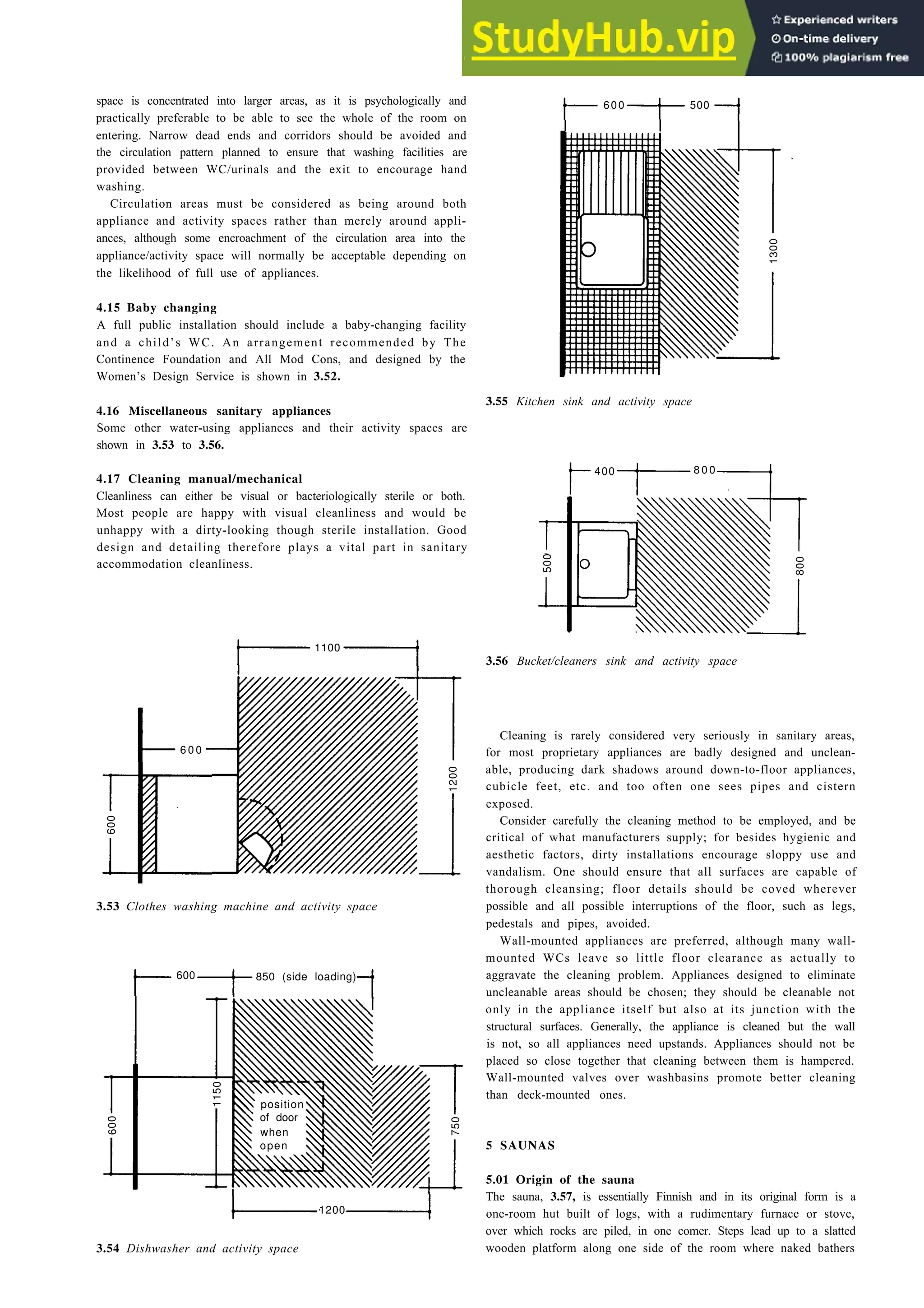 space is concentrated into larger areas, as it is psychologically and
practically preferable to be able to see the whole of the room on
entering. Narrow dead ends and corridors should be avoided and
the circulation pattern planned to ensure that washing facilities are
provided between WC/urinals and the exit to encourage hand
washing.
Circulation areas must be considered as being around both
appliance and activity spaces rather than merely around appli-
ances, although some encroachment of the circulation area into the
appliance/activity space will normally be acceptable depending on
the likelihood of full use of appliances.
4.15 Baby changing
A full public installation should include a baby-changing facility
and a child’s WC. An arrangement recommended by The
Continence Foundation and All Mod Cons, and designed by the
Women’s Design Service is shown in 3.52.
4.16 Miscellaneous sanitary appliances
Some other water-using appliances and their activity spaces are
shown in 3.53 to 3.56.
4.17 Cleaning manual/mechanical
Cleanliness can either be visual or bacteriologically sterile or both.
Most people are happy with visual cleanliness and would be
unhappy with a dirty-looking though sterile installation. Good
design and detailing therefore plays a vital part in sanitary
accommodation cleanliness.
3.53 Clothes washing machine and activity space
1200
3.54 Dishwasher and activity space
Sanitary installations and cloakrooms 3-17
3.55 Kitchen sink and activity space
3.56 Bucket/cleaners sink and activity space
Cleaning is rarely considered very seriously in sanitary areas,
for most proprietary appliances are badly designed and unclean-
able, producing dark shadows around down-to-floor appliances,
cubicle feet, etc. and too often one sees pipes and cistern
exposed.
Consider carefully the cleaning method to be employed, and be
critical of what manufacturers supply; for besides hygienic and
aesthetic factors, dirty installations encourage sloppy use and
vandalism. One should ensure that all surfaces are capable of
thorough cleansing; floor details should be coved wherever
possible and all possible interruptions of the floor, such as legs,
pedestals and pipes, avoided.
Wall-mounted appliances are preferred, although many wall-
mounted WCs leave so little floor clearance as actually to
aggravate the cleaning problem. Appliances designed to eliminate
uncleanable areas should be chosen; they should be cleanable not
only in the appliance itself but also at its junction with the
structural surfaces. Generally, the appliance is cleaned but the wall
is not, so all appliances need upstands. Appliances should not be
placed so close together that cleaning between them is hampered.
Wall-mounted valves over washbasins promote better cleaning
than deck-mounted ones.
5 SAUNAS
5.01 Origin of the sauna
The sauna, 3.57, is essentially Finnish and in its original form is a
one-room hut built of logs, with a rudimentary furnace or stove,
over which rocks are piled, in one comer. Steps lead up to a slatted
wooden platform along one side of the room where naked bathers
600 500
1300
500
400 8 0 0
800
600
6 0 0
1100
1200
1150
600
when
open
of door
position
600 850 (side loading)
750
 