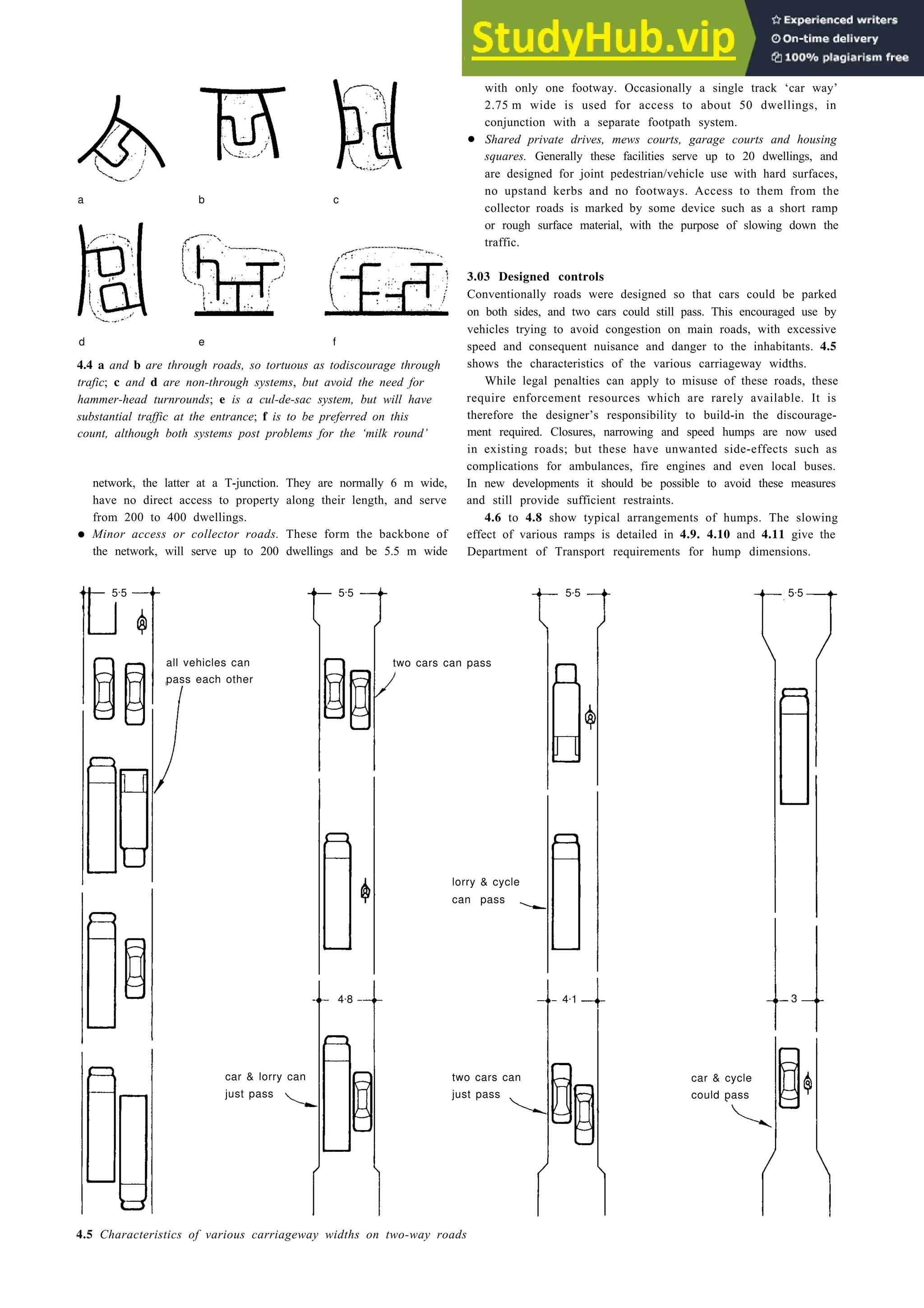 Design for the vehicle 4-7
with only one footway. Occasionally a single track ‘car way’
2.75 m wide is used for access to about 50 dwellings, in
conjunction with a separate footpath system.
• Shared private drives, mews courts, garage courts and housing
squares. Generally these facilities serve up to 20 dwellings, and
are designed for joint pedestrian/vehicle use with hard surfaces,
no upstand kerbs and no footways. Access to them from the
collector roads is marked by some device such as a short ramp
or rough surface material, with the purpose of slowing down the
traffic.
3.03 Designed controls
Conventionally roads were designed so that cars could be parked
on both sides, and two cars could still pass. This encouraged use by
vehicles trying to avoid congestion on main roads, with excessive
speed and consequent nuisance and danger to the inhabitants. 4.5
shows the characteristics of the various carriageway widths.
While legal penalties can apply to misuse of these roads, these
require enforcement resources which are rarely available. It is
therefore the designer’s responsibility to build-in the discourage-
ment required. Closures, narrowing and speed humps are now used
in existing roads; but these have unwanted side-effects such as
complications for ambulances, fire engines and even local buses.
In new developments it should be possible to avoid these measures
and still provide sufficient restraints.
4.6 to 4.8 show typical arrangements of humps. The slowing
effect of various ramps is detailed in 4.9. 4.10 and 4.11 give the
Department of Transport requirements for hump dimensions.
a b c
d e f
4.4 a and b are through roads, so tortuous as todiscourage through
trafic; c and d are non-through systems, but avoid the need for
hammer-head turnrounds; e is a cul-de-sac system, but will have
substantial traffic at the entrance; f is to be preferred on this
count, although both systems post problems for the ‘milk round’
network, the latter at a T-junction. They are normally 6 m wide,
have no direct access to property along their length, and serve
from 200 to 400 dwellings.
• Minor access or collector roads. These form the backbone of
the network, will serve up to 200 dwellings and be 5.5 m wide
5.5 5.5 5.5
all vehicles can
pass each other
lorry & cycle
can pass
3
car & lorry can
just pass
car & cycle
could pass
two cars can
just pass
4.5 Characteristics of various carriageway widths on two-way roads
two cars can pass
5.5
4.8 4.1
 