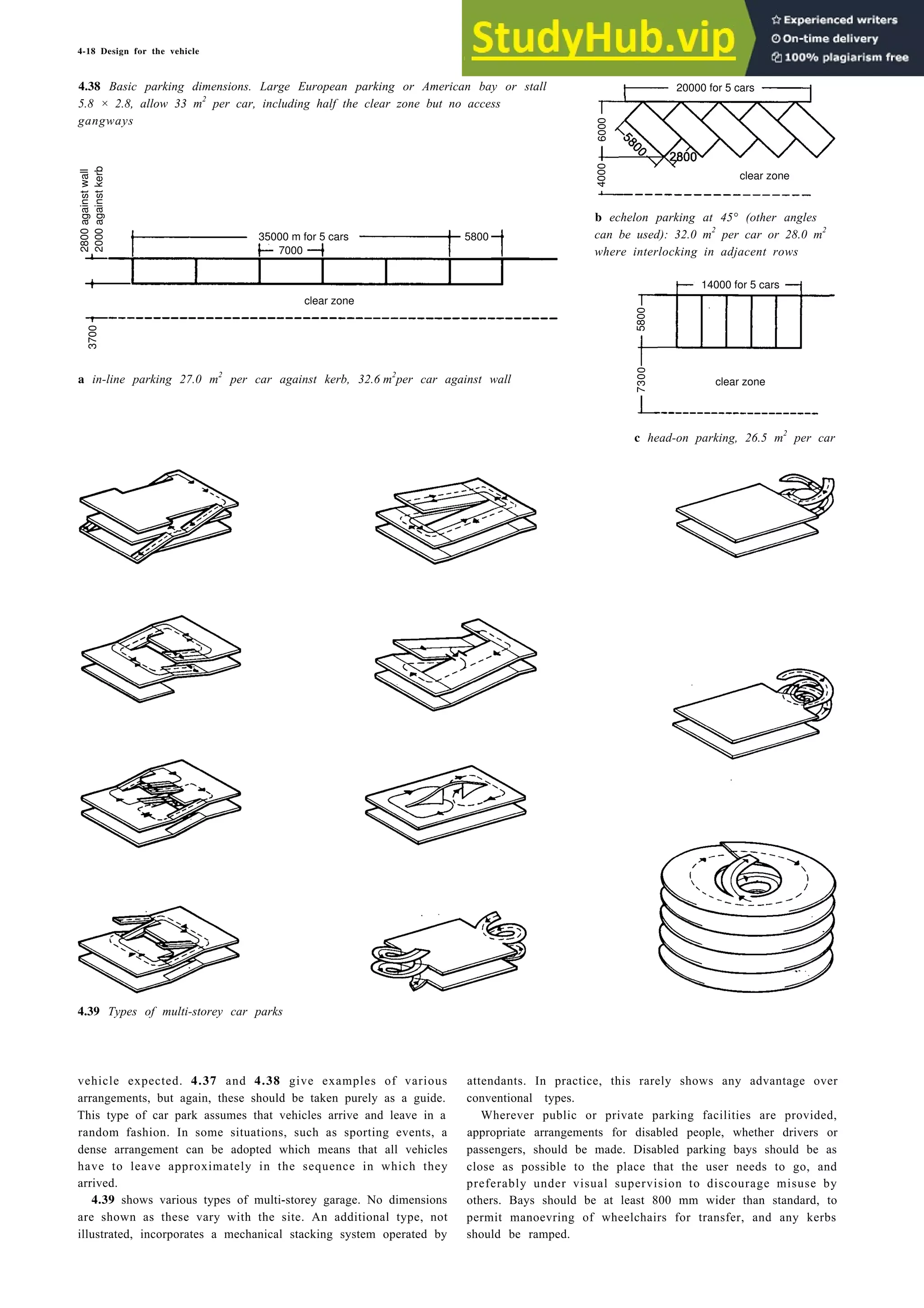 4-18 Design for the vehicle
4.38 Basic parking dimensions. Large European parking or American bay or stall
5.8 × 2.8, allow 33 m2
per car, including half the clear zone but no access
gangways
20000 for 5 cars
6000
clear zone
2800
against
wall
2000
against
kerb
35000 m for 5 cars
clear zone
3700
a in-line parking 27.0 m2
per car against kerb, 32.6 m2
per car against wall
4.39 Types of multi-storey car parks
vehicle expected. 4.37 and 4.38 give examples of various
arrangements, but again, these should be taken purely as a guide.
This type of car park assumes that vehicles arrive and leave in a
random fashion. In some situations, such as sporting events, a
dense arrangement can be adopted which means that all vehicles
have to leave approximately in the sequence in which they
arrived.
4.39 shows various types of multi-storey garage. No dimensions
are shown as these vary with the site. An additional type, not
illustrated, incorporates a mechanical stacking system operated by
b echelon parking at 45° (other angles
can be used): 32.0 m2
per car or 28.0 m2
where interlocking in adjacent rows
14000 for 5 cars
5800
7300
clear zone
c head-on parking, 26.5 m2
per car
attendants. In practice, this rarely shows any advantage over
conventional types.
Wherever public or private parking facilities are provided,
appropriate arrangements for disabled people, whether drivers or
passengers, should be made. Disabled parking bays should be as
close as possible to the place that the user needs to go, and
preferably under visual supervision to discourage misuse by
others. Bays should be at least 800 mm wider than standard, to
permit manoevring of wheelchairs for transfer, and any kerbs
should be ramped.
4000
7000
5800
 