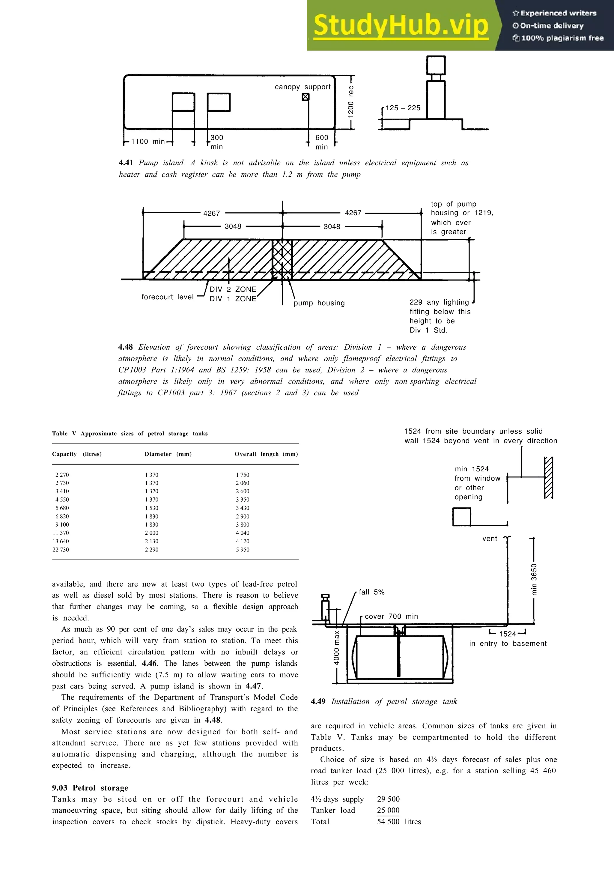Design for the vehicle 4-21
canopy support
1200
rec
1100 min
600
min
4.41 Pump island. A kiosk is not advisable on the island unless electrical equipment such as
heater and cash register can be more than 1.2 m from the pump
top of pump
4267 4267
3048 3048
is greater
forecourt level
DIV 2 ZONE
DIV 1 ZONE
pump housing 229 any lighting
fitting below this
height to be
Div 1 Std.
4.48 Elevation of forecourt showing classification of areas: Division 1 – where a dangerous
atmosphere is likely in normal conditions, and where only flameproof electrical fittings to
CP1003 Part 1:1964 and BS 1259: 1958 can be used, Division 2 – where a dangerous
atmosphere is likely only in very abnormal conditions, and where only non-sparking electrical
fittings to CP1003 part 3: 1967 (sections 2 and 3) can be used
Table V Approximate sizes of petrol storage tanks 1524 from site boundary unless solid
wall 1524 beyond vent in every direction
Capacity (litres) Diameter (mm) Overall length (mm)
2 270 1 370 1 750
2 730 1 370 2 060
3 410 1 370 2 600
4 550 1 370 3 350
5 680 1 530 3 430
6 820 1 830 2 900
9 100 1 830 3 800
11 370 2 000 4 040
13 640 2 130 4 120
22 730 2 290 5 950
available, and there are now at least two types of lead-free petrol
as well as diesel sold by most stations. There is reason to believe
that further changes may be coming, so a flexible design approach
is needed.
As much as 90 per cent of one day’s sales may occur in the peak
period hour, which will vary from station to station. To meet this
factor, an efficient circulation pattern with no inbuilt delays or
obstructions is essential, 4.46. The lanes between the pump islands
should be sufficiently wide (7.5 m) to allow waiting cars to move
past cars being served. A pump island is shown in 4.47.
The requirements of the Department of Transport’s Model Code
of Principles (see References and Bibliography) with regard to the
safety zoning of forecourts are given in 4.48.
4.49 Installation of petrol storage tank
Most service stations are now designed for both self- and
attendant service. There are as yet few stations provided with
automatic dispensing and charging, although the number is
expected to increase.
are required in vehicle areas. Common sizes of tanks are given in
Table V. Tanks may be compartmented to hold the different
products.
9.03 Petrol storage
Choice of size is based on 4½ days forecast of sales plus one
road tanker load (25 000 litres), e.g. for a station selling 45 460
litres per week:
Tanks may be sited on or off the forecourt and vehicle 4½ days supply 29 500
manoeuvring space, but siting should allow for daily lifting of the Tanker load 25 000
inspection covers to check stocks by dipstick. Heavy-duty covers Total 54 500 litres
min 1524
from window
or other
opening
vent
fall 5%
cover 700 min
4000
max
in entry to basement
min
3650
300
min
125 – 225
housing or 1219,
which ever
1524
 