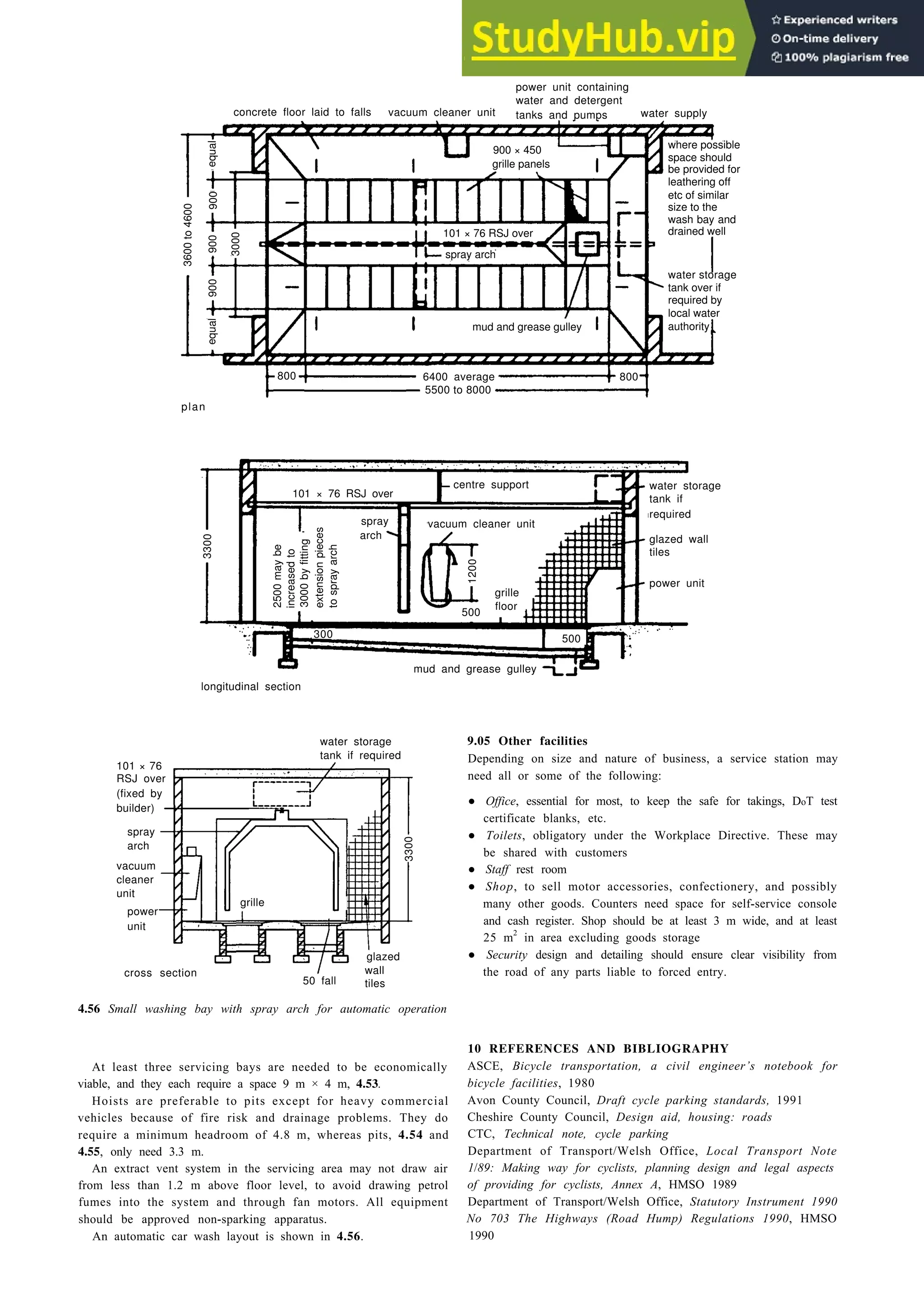Design for the vehicle 4-25
power unit containing
concrete floor laid to falls
water and detergent
vacuum cleaner unit tanks and pumps
where possible
equal
900 × 450
space should
grille panels be provided for
leathering off
900
etc of similar
size to the
3600
to
4600
wash bay and
3000
spray arch
water storage
tank over if
required by
local water
mud and grease gulley
6400 average 800
plan
101 × 76 RSJ over tank if
vacuum cleaner unit
required
increased
to
3300
3000
by
fitting
extension
pieces
to
spray
arch
grille
floor
500
mud and grease gulley
longitudinal section
water storage
101 × 76
tank if required
RSJ over
(fixed by
builder)
spray
arch
vacuum
3300
cleaner
unit
power
unit
glazed
cross section
50 fall
wall
tiles
9.05 Other facilities
4.56 Small washing bay with spray arch for automatic operation
At least three servicing bays are needed to be economically
viable, and they each require a space 9 m × 4 m, 4.53.
Hoists are preferable to pits except for heavy commercial
vehicles because of fire risk and drainage problems. They do
require a minimum headroom of 4.8 m, whereas pits, 4.54 and
4.55, only need 3.3 m.
An extract vent system in the servicing area may not draw air
from less than 1.2 m above floor level, to avoid drawing petrol
fumes into the system and through fan motors. All equipment
should be approved non-sparking apparatus.
An automatic car wash layout is shown in 4.56.
Depending on size and nature of business, a service station may
need all or some of the following:
• Office, essential for most, to keep the safe for takings, DoT test
certificate blanks, etc.
• Toilets, obligatory under the Workplace Directive. These may
be shared with customers
• Staff rest room
• Shop, to sell motor accessories, confectionery, and possibly
many other goods. Counters need space for self-service console
and cash register. Shop should be at least 3 m wide, and at least
25 m2
in area excluding goods storage
• Security design and detailing should ensure clear visibility from
the road of any parts liable to forced entry.
10 REFERENCES AND BIBLIOGRAPHY
ASCE, Bicycle transportation, a civil engineer’s notebook for
bicycle facilities, 1980
Avon County Council, Draft cycle parking standards, 1991
Cheshire County Council, Design aid, housing: roads
CTC, Technical note, cycle parking
Department of Transport/Welsh Office, Local Transport Note
1/89: Making way for cyclists, planning design and legal aspects
of providing for cyclists, Annex A, HMSO 1989
Department of Transport/Welsh Office, Statutory Instrument 1990
No 703 The Highways (Road Hump) Regulations 1990, HMSO
1990
900
900
equal
drained well
water supply
800
5500 to 8000
101 × 76 RSJ over
authority
spray
arch
2500
may
be
300
water storage
centre support
glazed wall
tiles
power unit
1200
500
grille
 